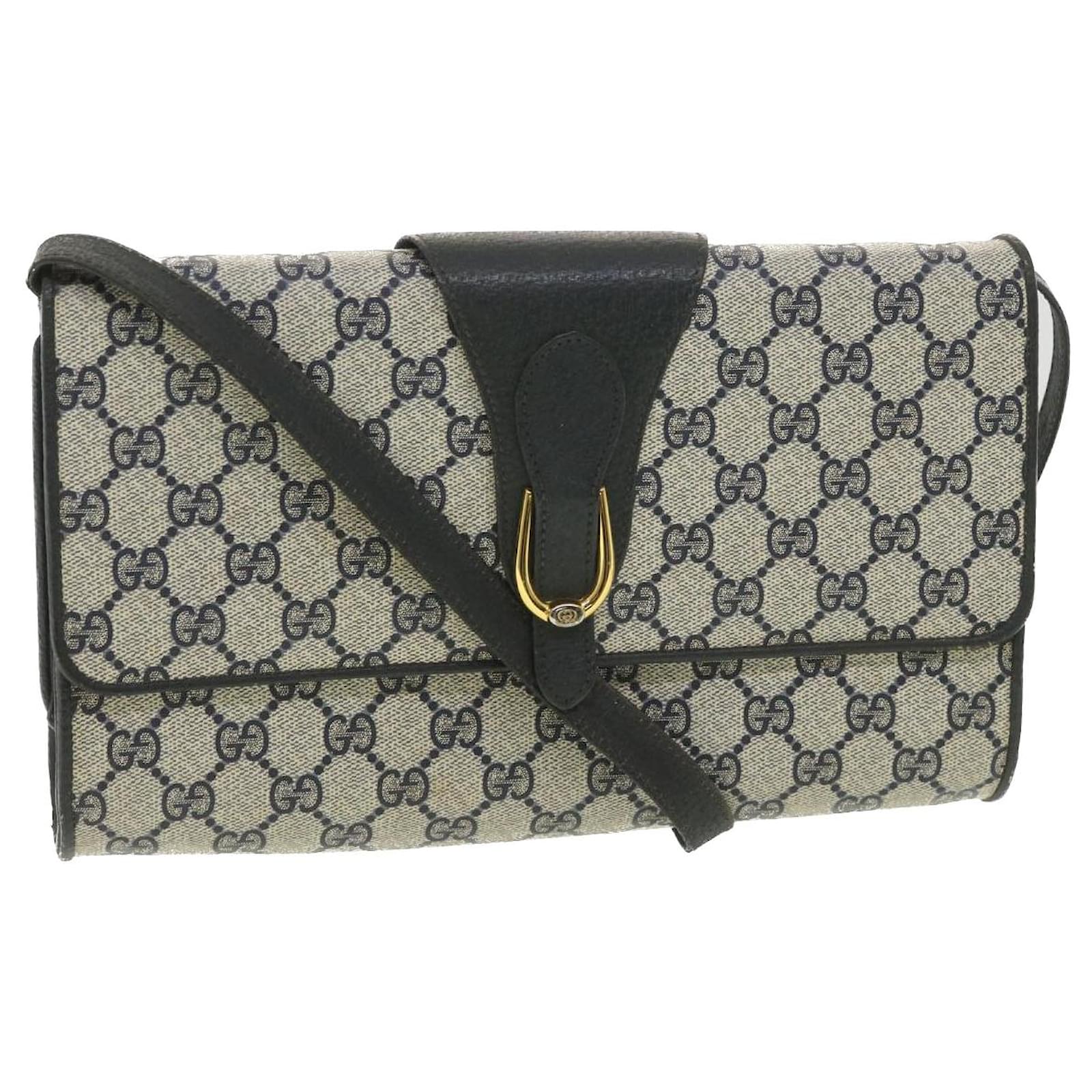 GUCCI GG Canvas Shoulder Bag PVC Leather Gray Navy 90402050 Auth