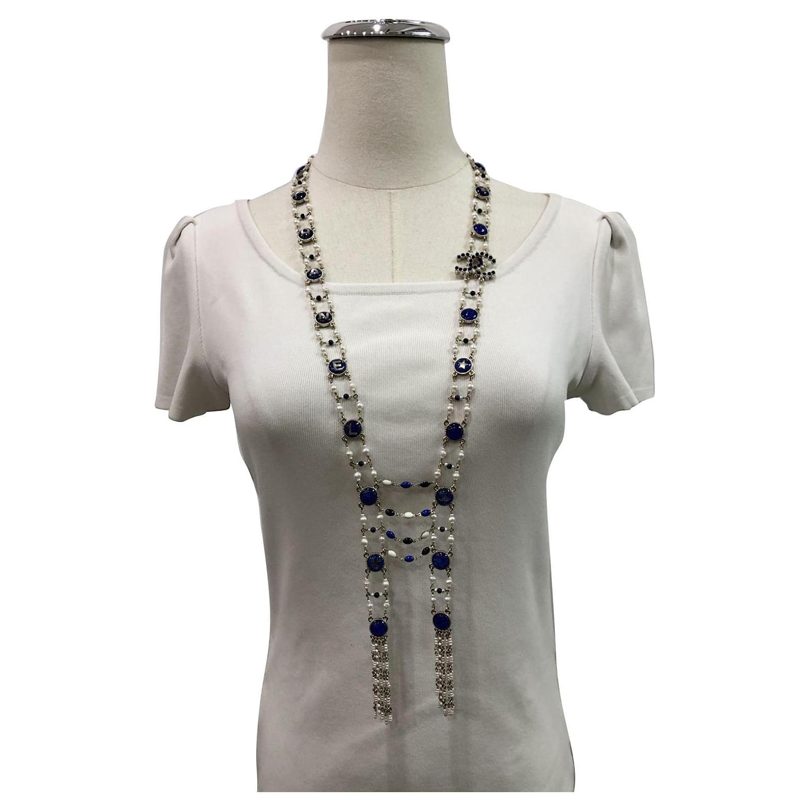 Long Necklaces Chanel CC A19C Logo Blue Pearl and Crystal Necklace Tag