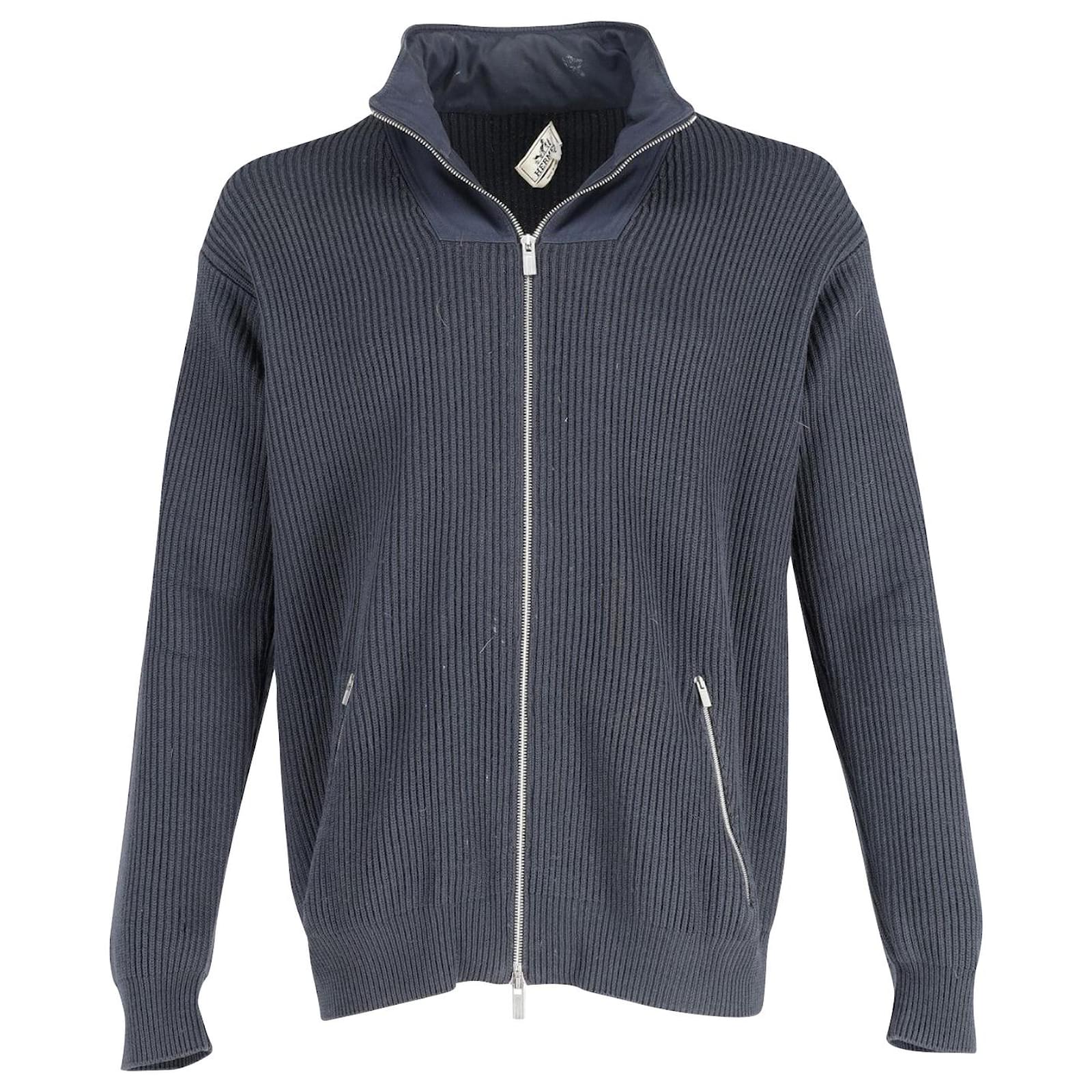 Hermès Hermes Ribbed Zipper Sweater Jacket in Navy Blue Wool ref
