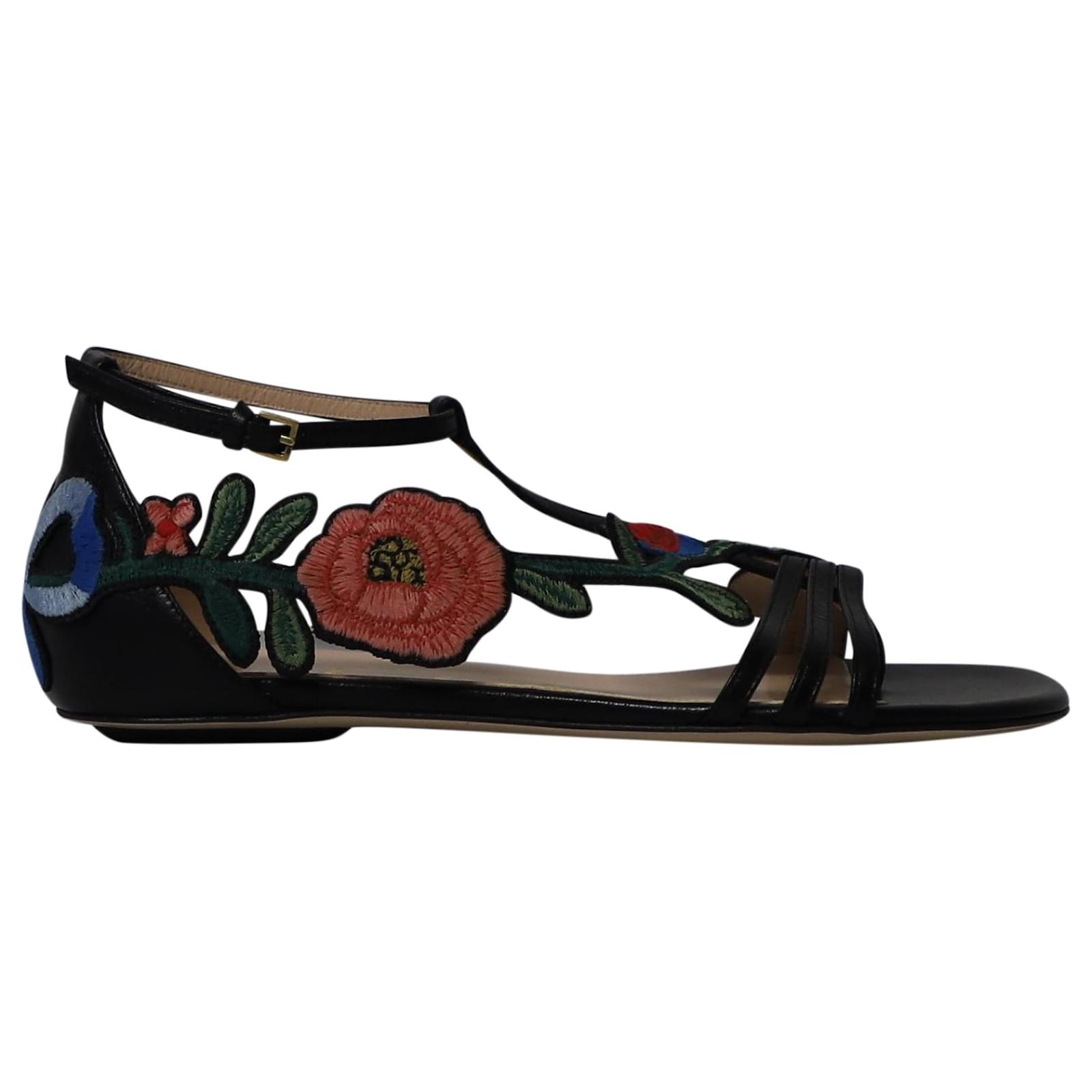 Gucci Ophelia Floral-Embroidered Flat Sandals in Black Leather ref ...