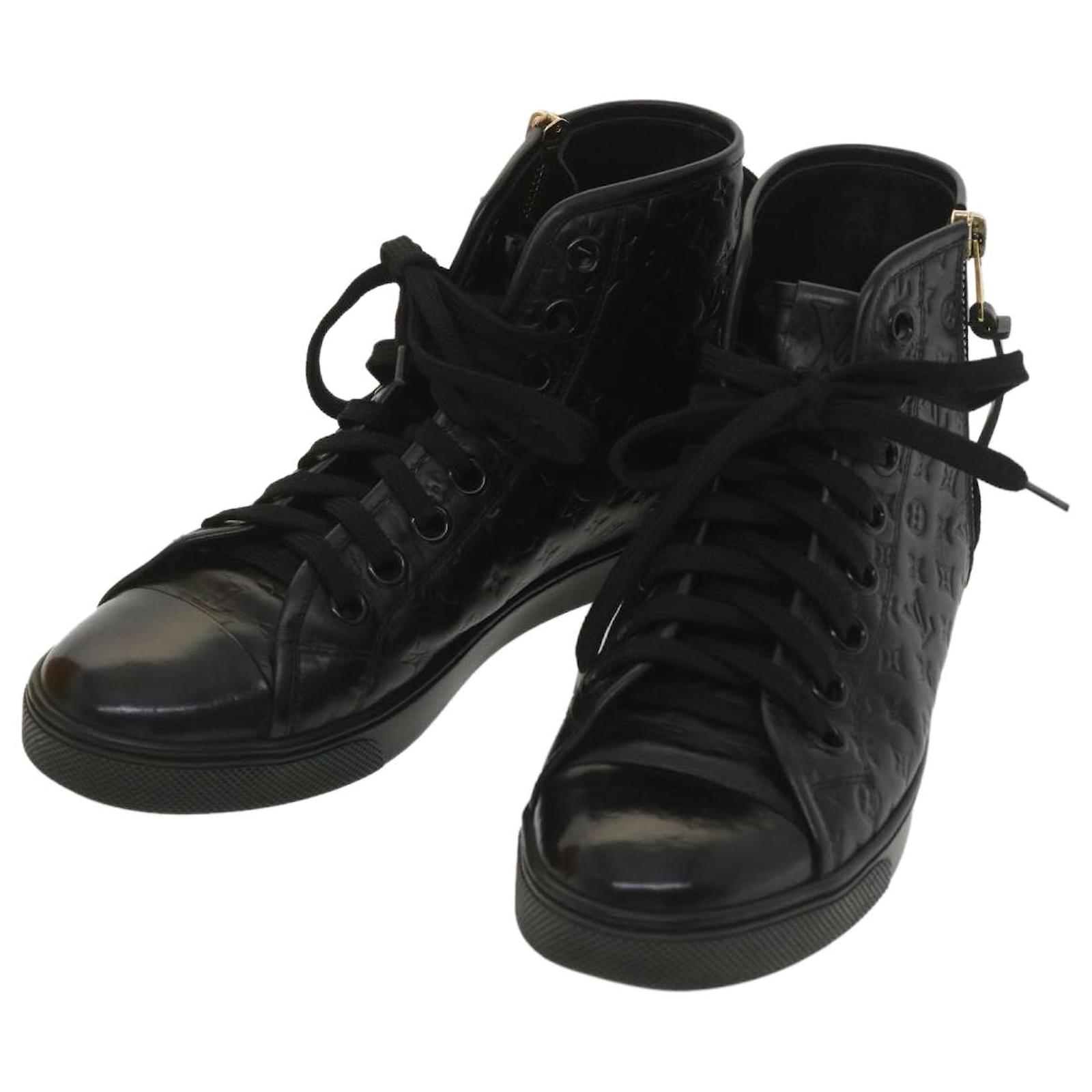 LOUIS VUITTON Monogram High Top Sneakers Leather 36 1/2 Black LV