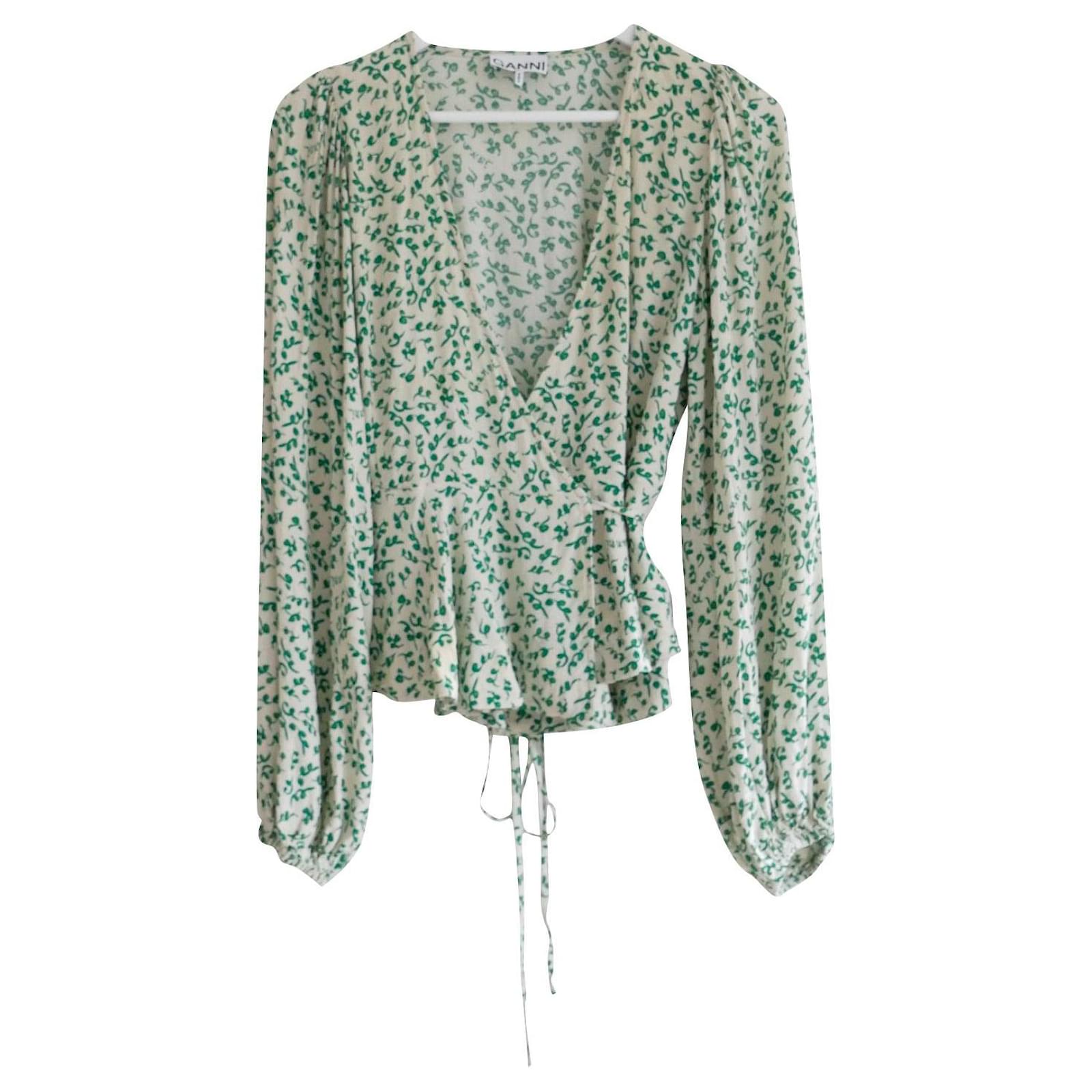 Ganni leaf print wrap blouse Green Viscose ref.850328 - Joli