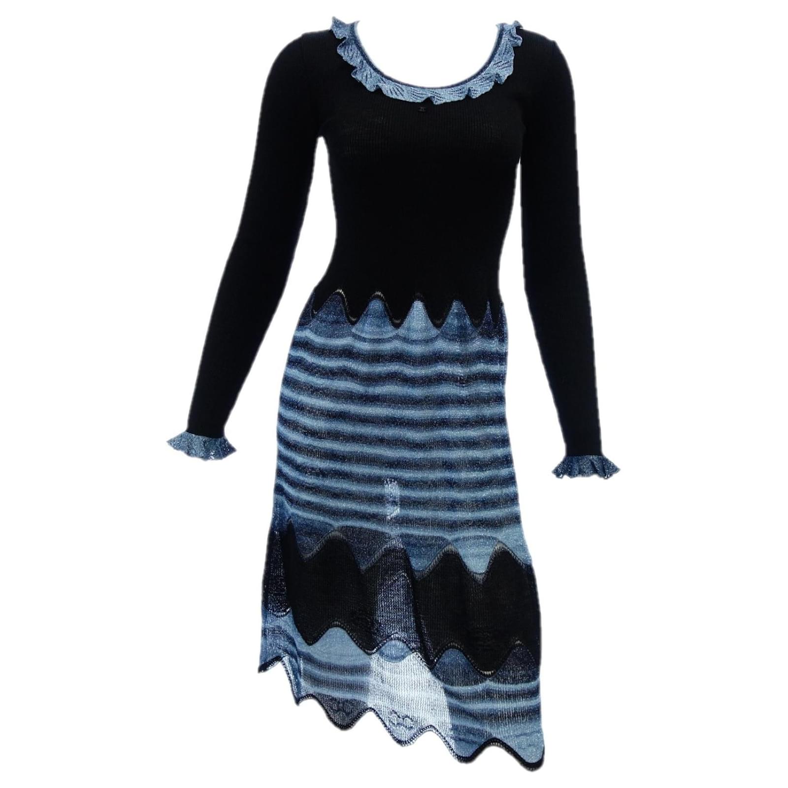 Chanel Knit Frill Dress Black Blue Rayon ref.850465 - Joli Closet