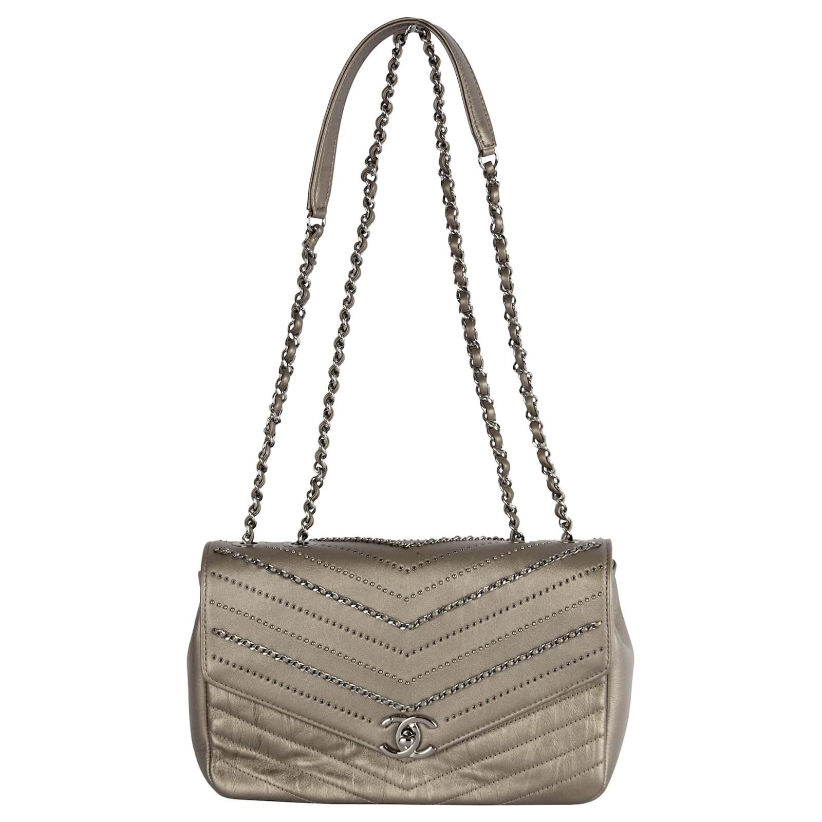 Chanel Embelished 'Chain Sequins' Chevron Flap Bag Silvery