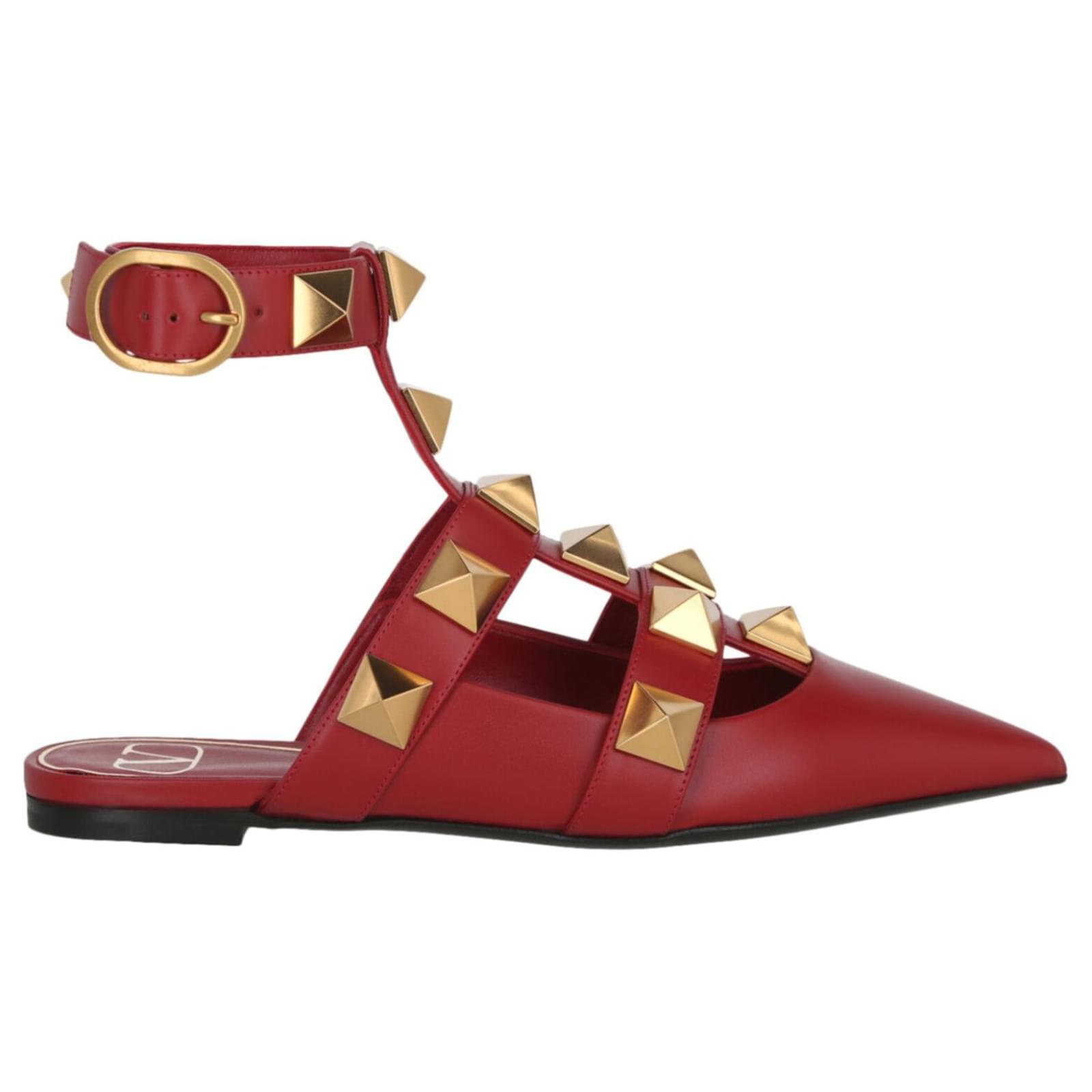 Valentino Garavani Roman Stud Flat Calfskin Sandal in Red