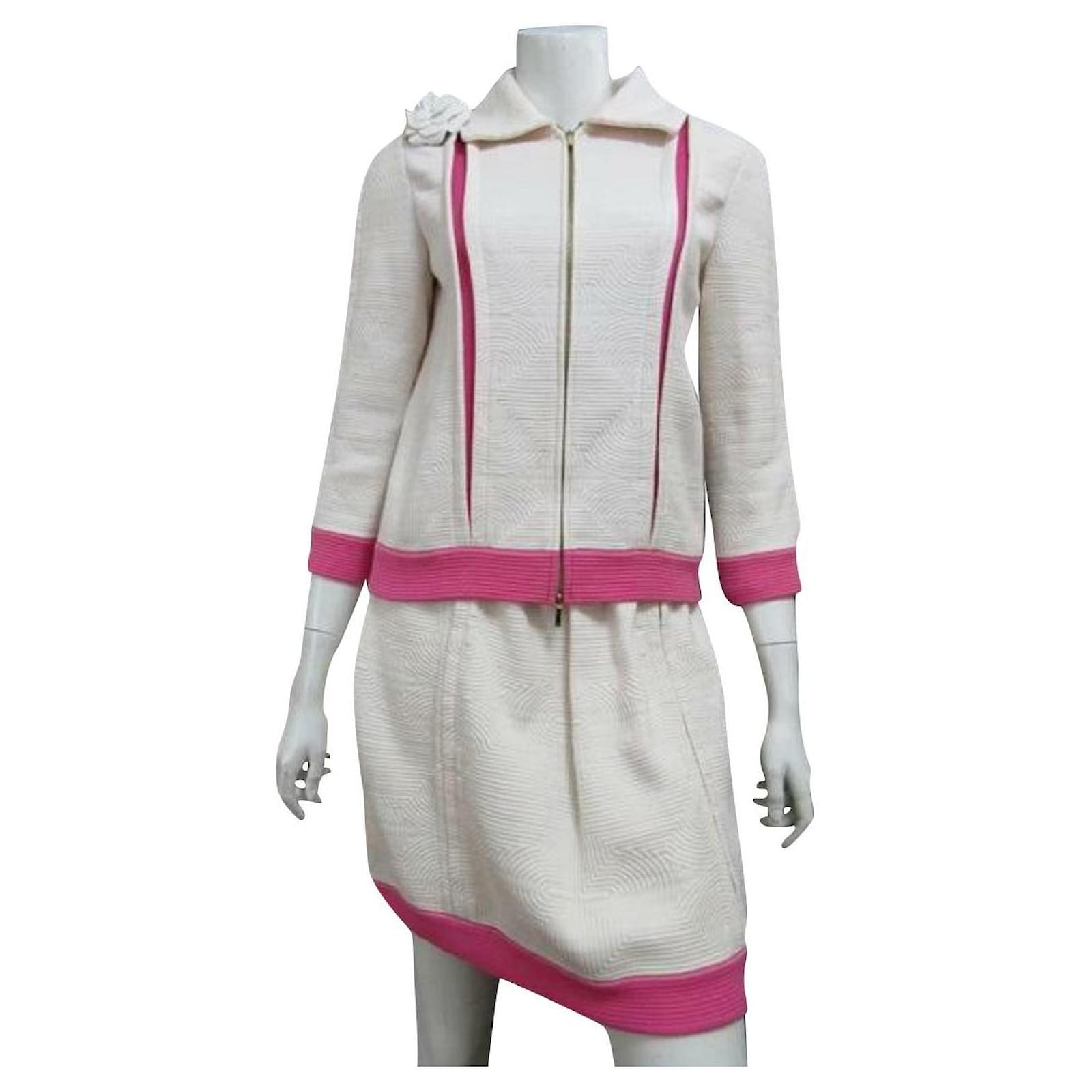 Chanel Zip Jacket X Skirt Suit Pink White Cotton Joli