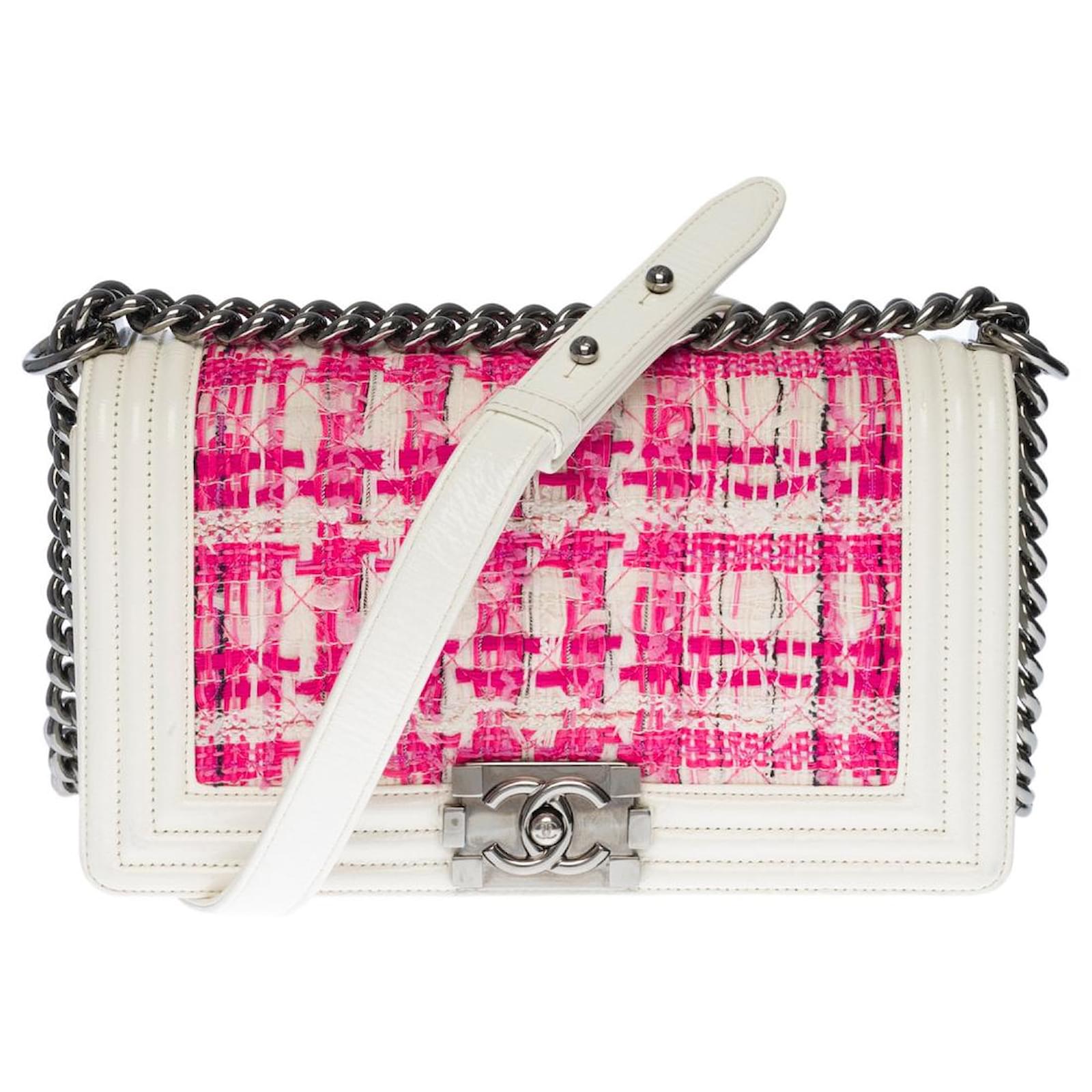 Chanel BOY CROSSBODY BAG IN WHITE LEATHER AND PINK TWEED1222511727 ref