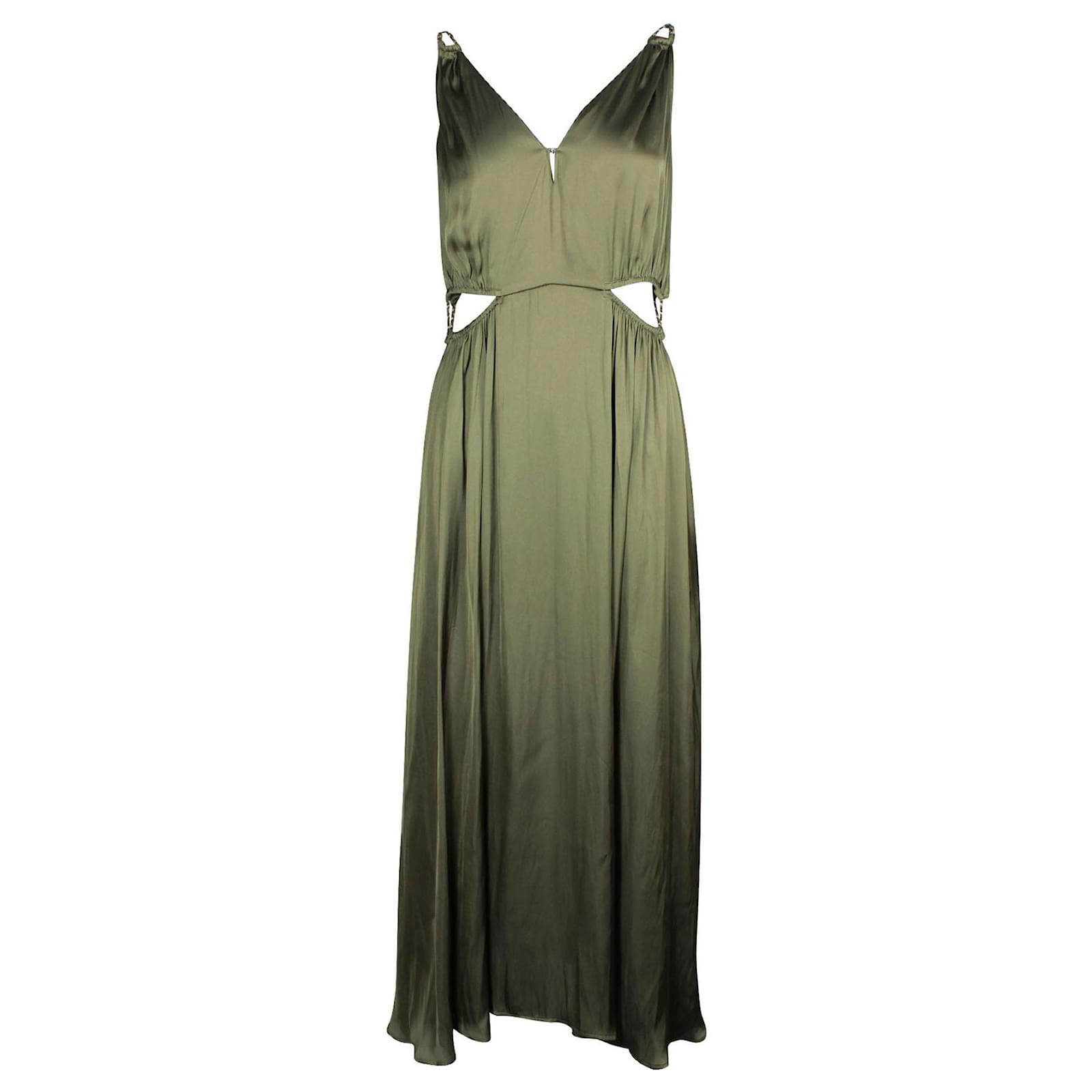 Maje Olive Green Maxi Dress with Gold Braided Shoulders (Sold) - Joli Closet