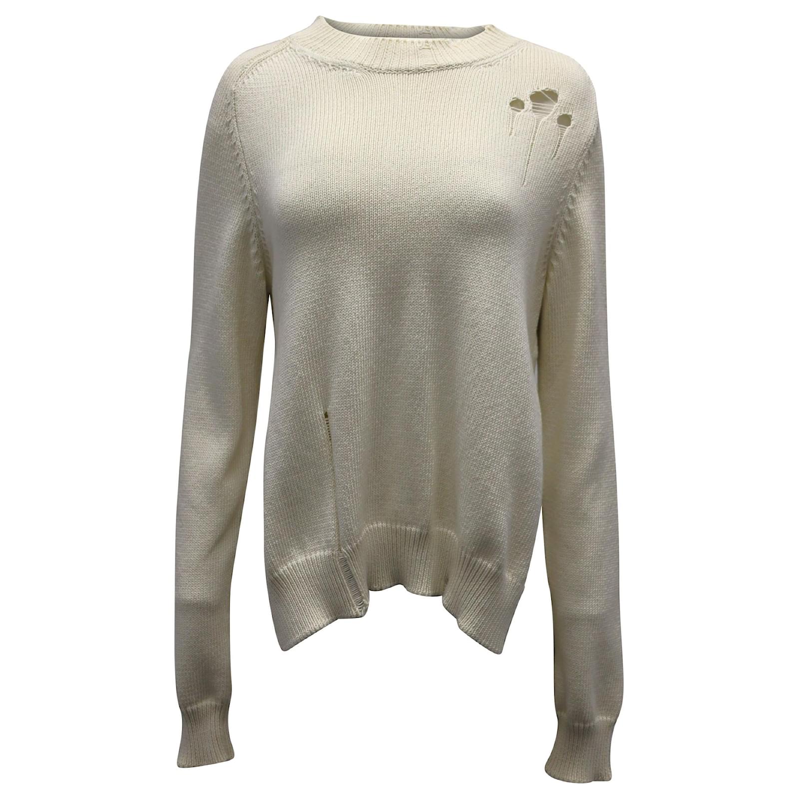 Maison Margiela Distressed Knitted Sweater in Cream Cotton