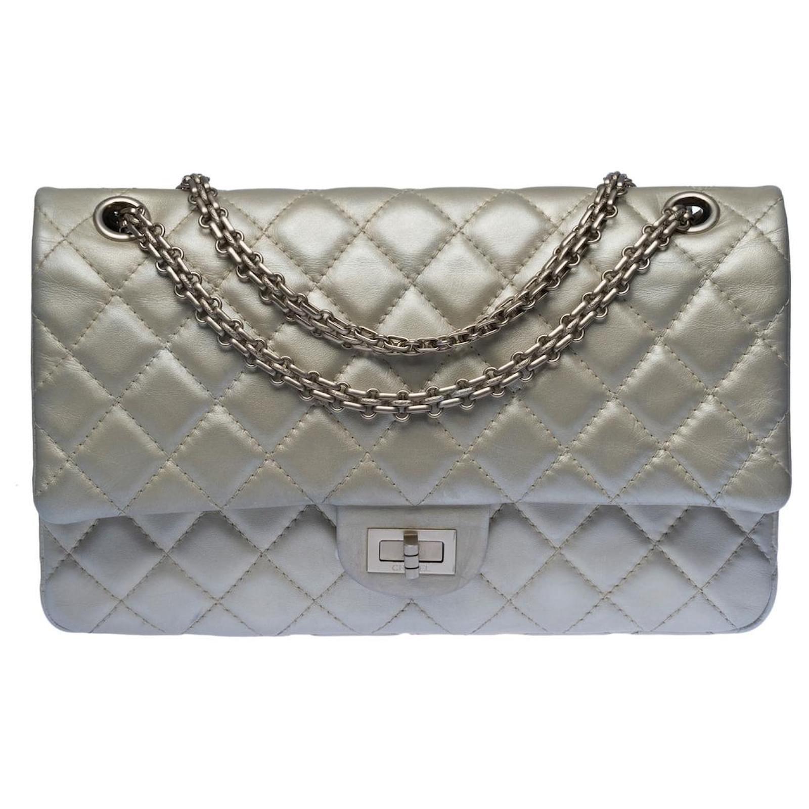 Chanel Silver Lambskin East West Classic 2.55 Shoulder Flap Bag