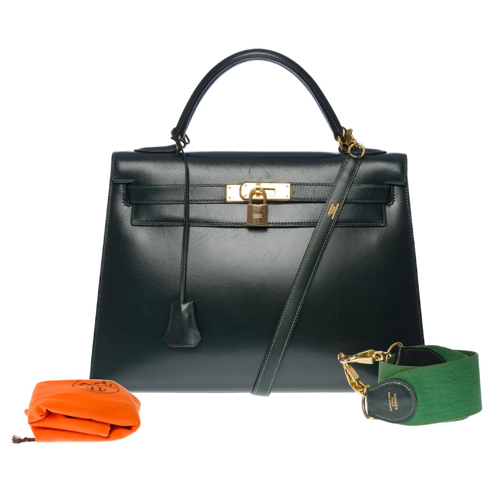 Hermès Rare Hermes Kelly handbag 32 SELLIER lined SHOULDER STRAP IN GREEN  BOX LEATHER-100858 ref.855443 - Joli Closet