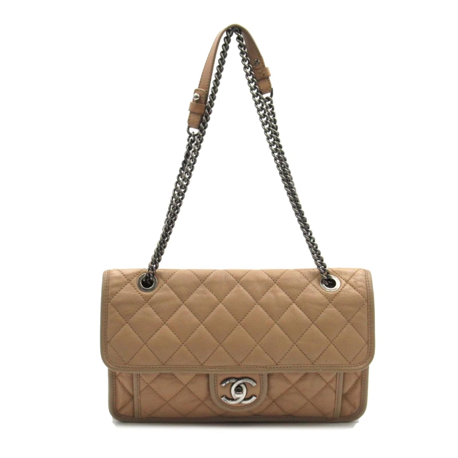 Chanel CC Quilted Leather French Riviera Flap Bag Beige Lambskin ref ...