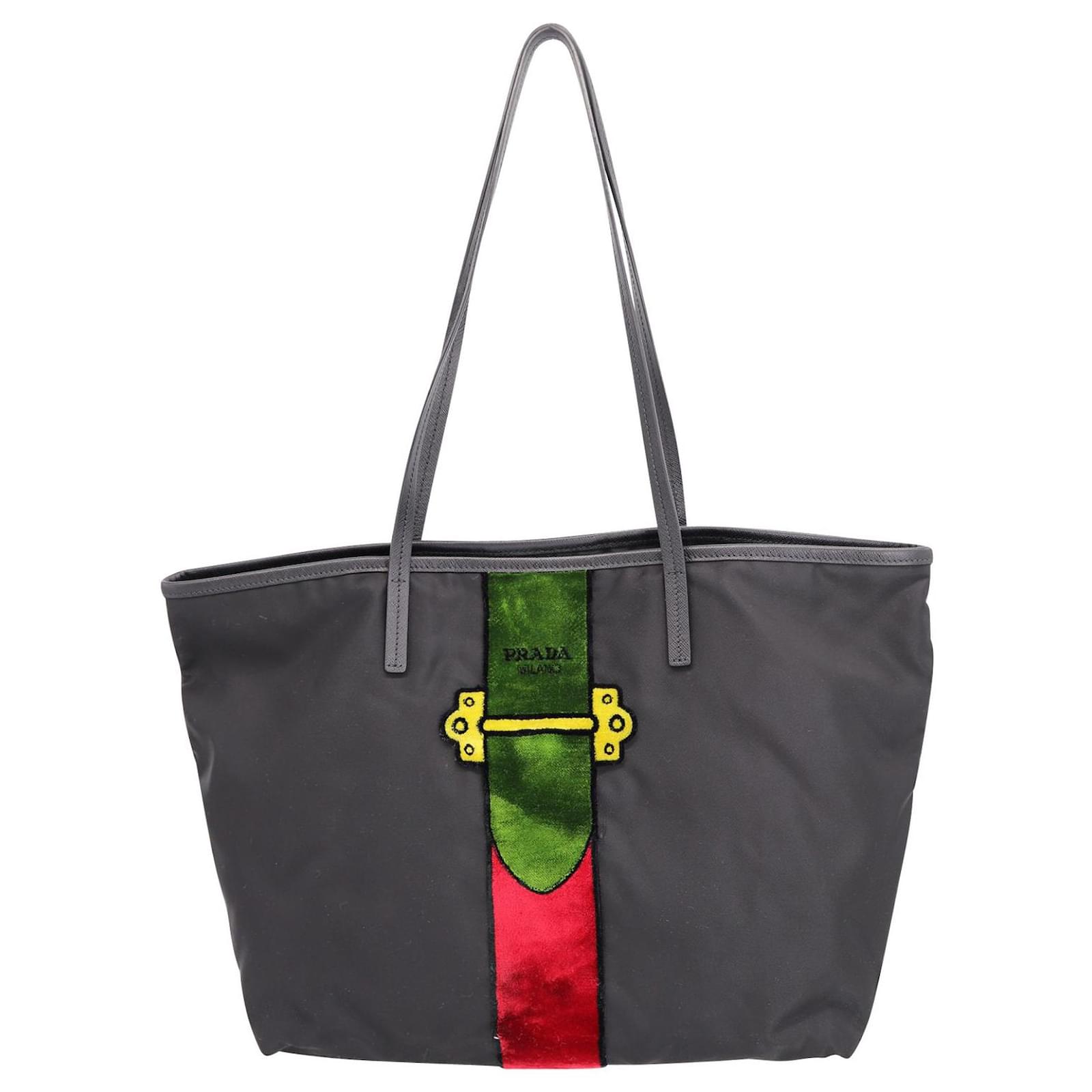 Prada Ricamo Trompe L' oeil Velvet-Trimmed Tote Bag in Black Nylon ref ...