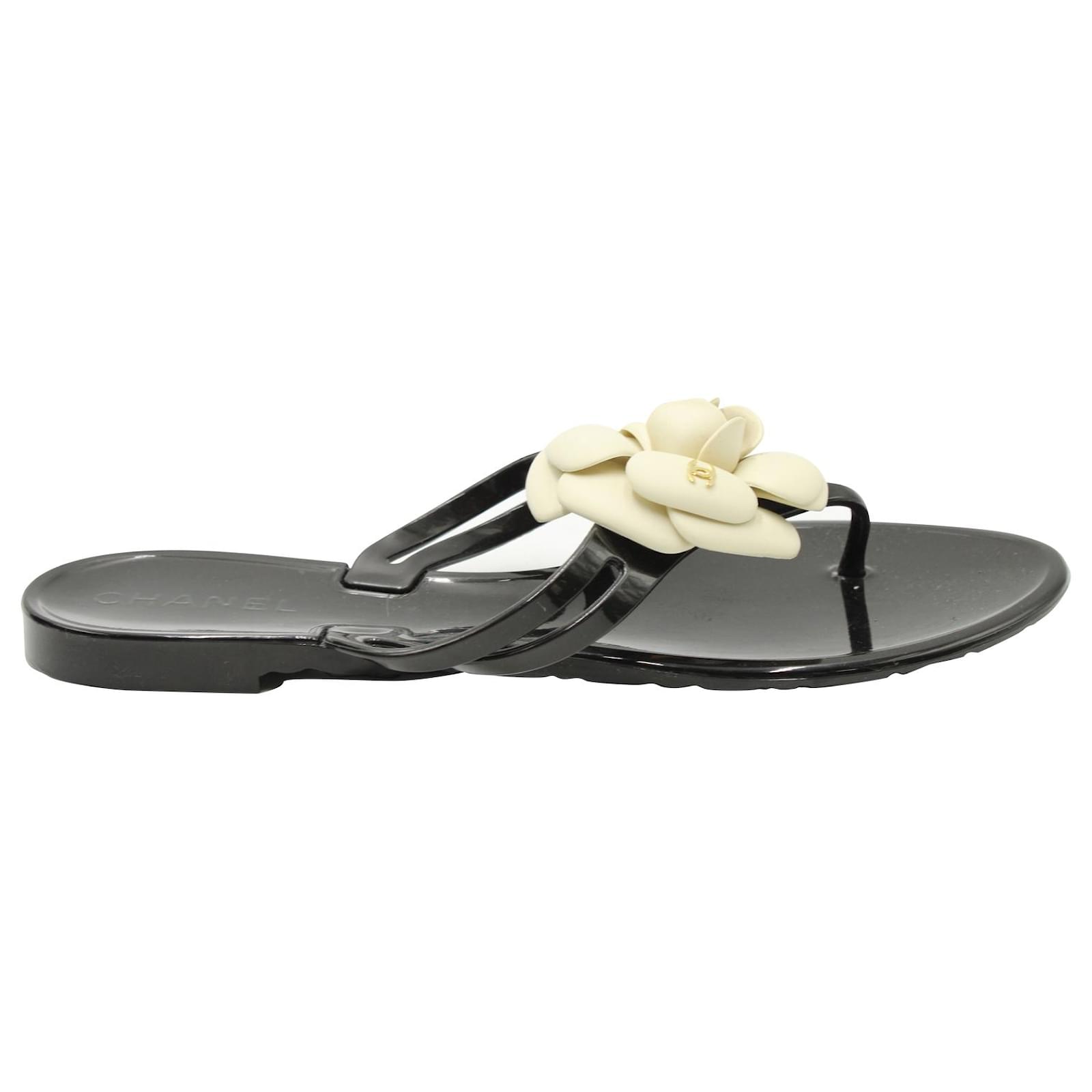 Ballet Flats Chanel Chanel Camelia Thong Slides in Black Jelly PVC Size 37 FR