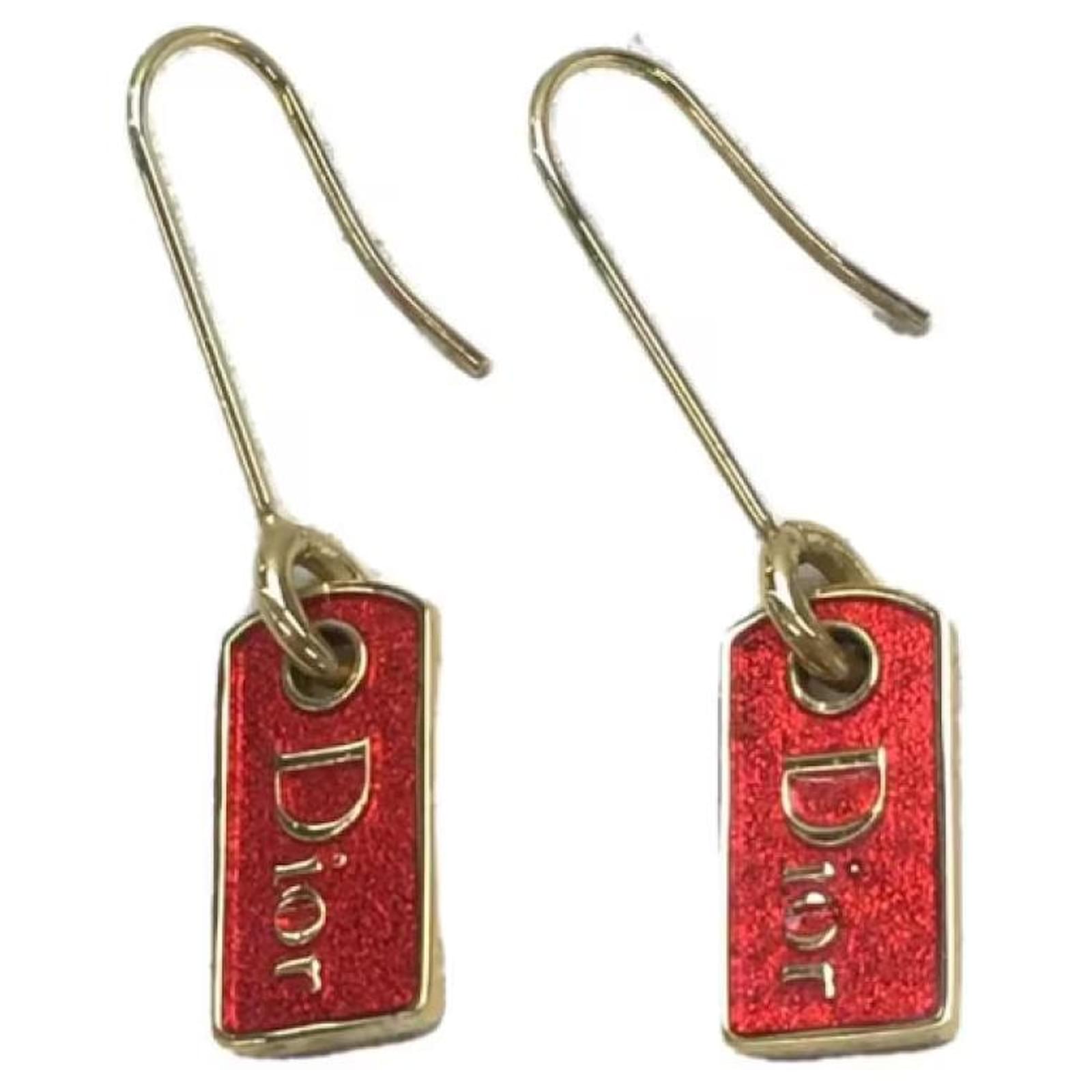 Christian Dior Plate Logo Earrings Red Gold hardware Gold-plated
