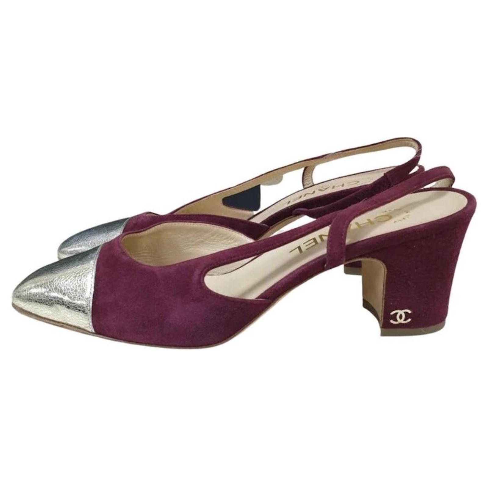 Chanel Burgundy Suede And Metallic Silver Leather Cap Toe Slingback Sandals  Multiple colors ref.861866 - Joli Closet