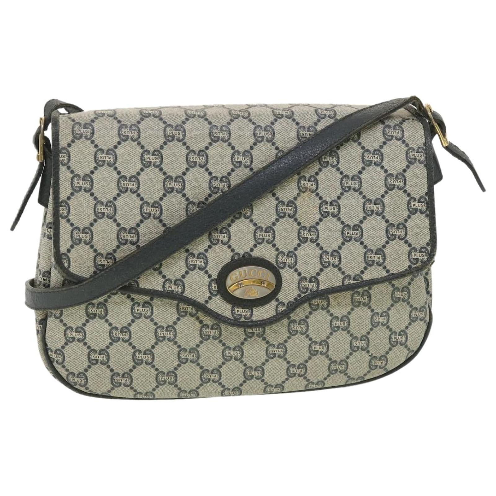 GUCCI GG Plus Canvas Shoulder Bag PVC Leather Gray Navy Auth th3486