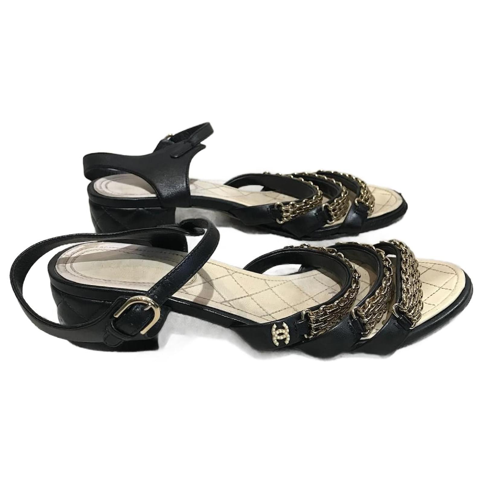 chanel sandals black and gold