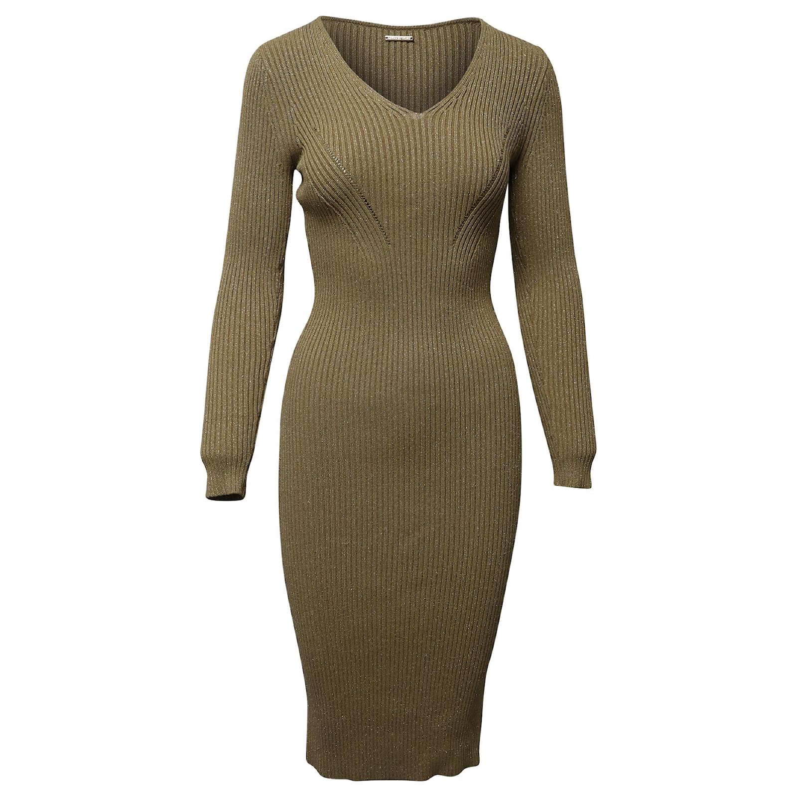 Michael Kors Fitted Ribbed Knit Midi Dress in Metallic Gold