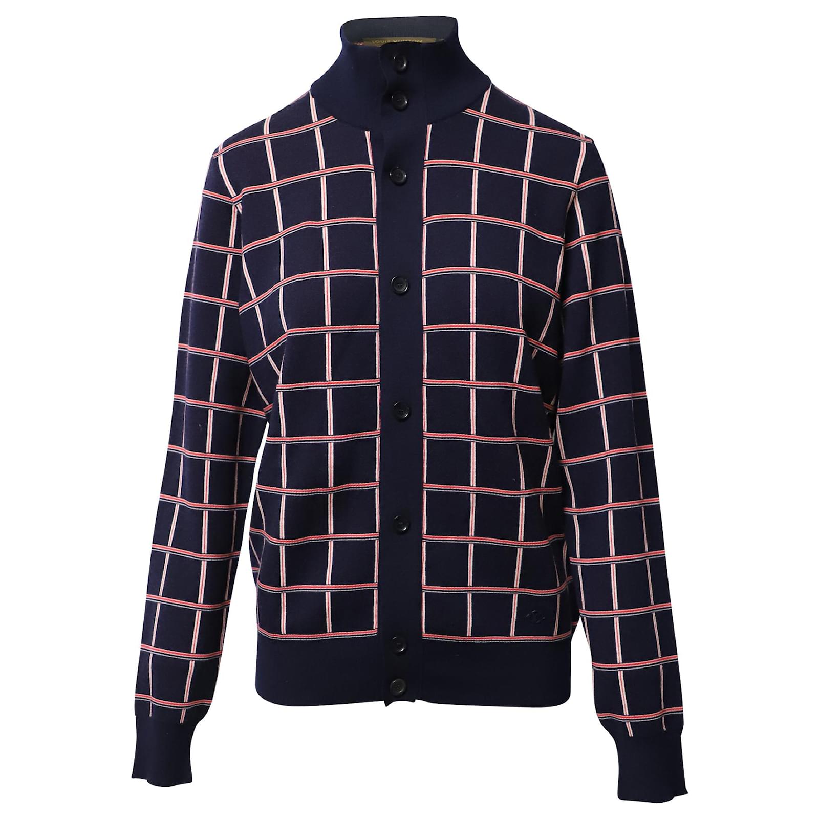 Knitwear Louis Vuitton Louis Vuitton Jacquard Windowpane Check Cardigan in Navy Blue Wool
