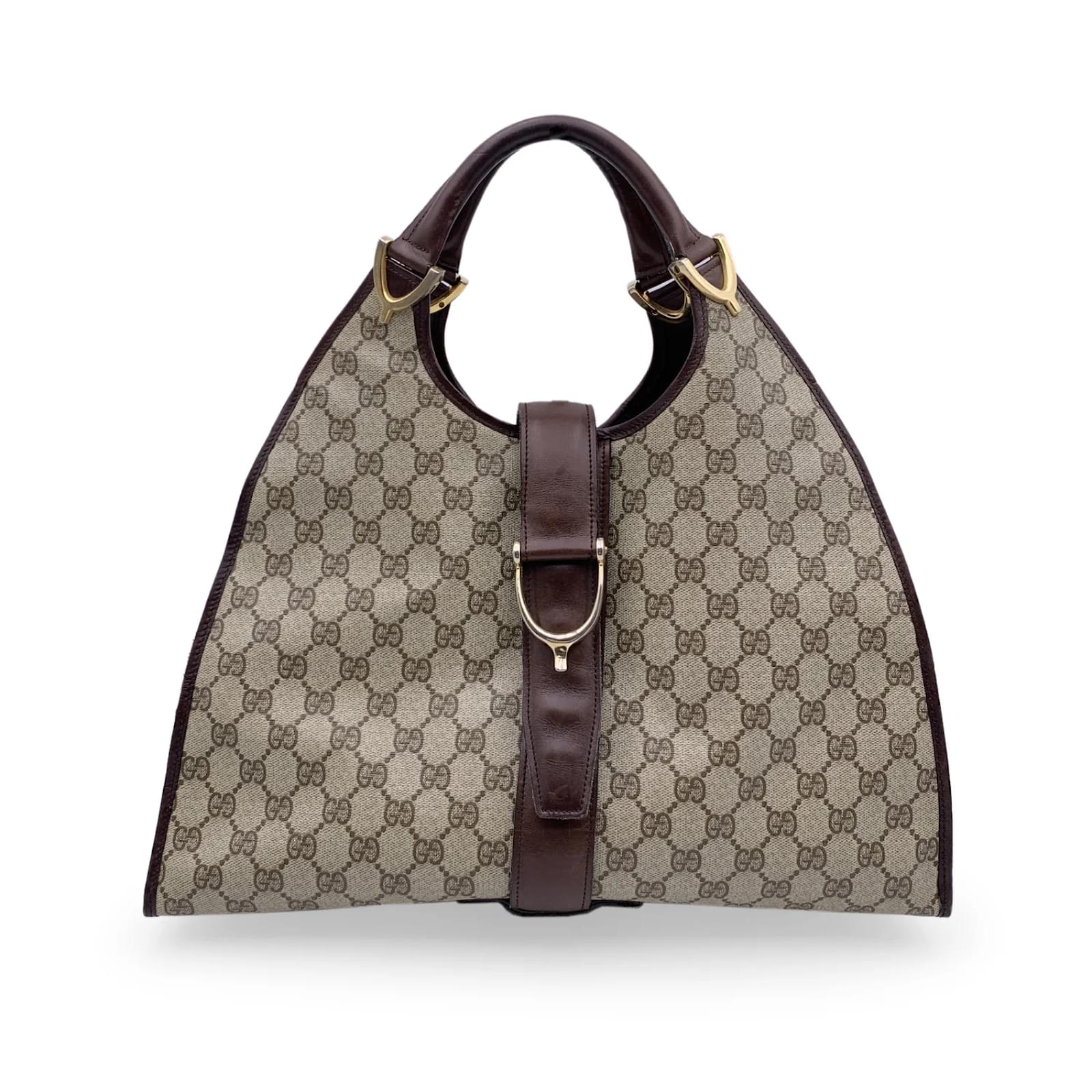 Gucci Brown Monogram GG Logo Leather Trim Shoulder Bag Vintage 