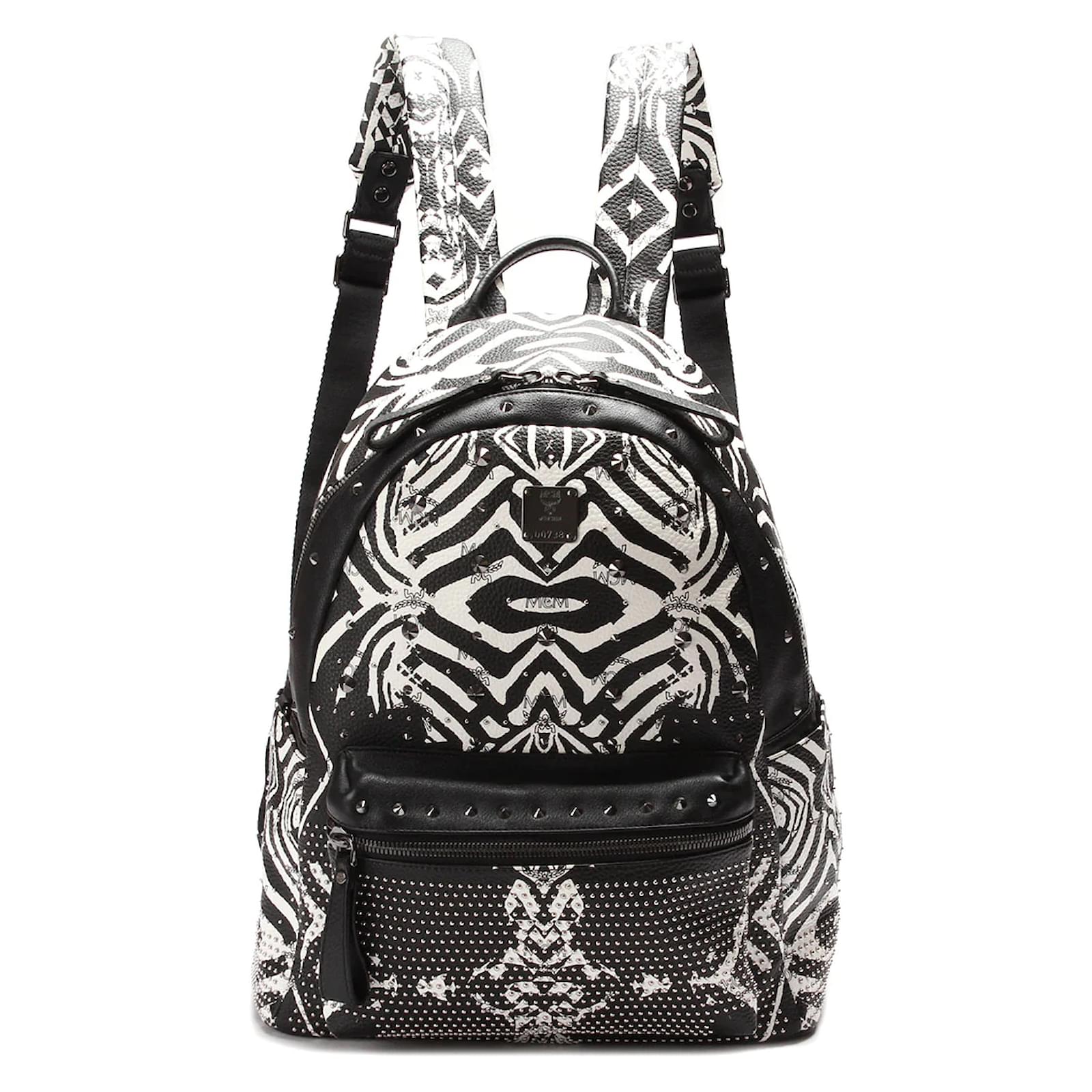 MCM Visetos Studded Zebra Print Backpack Black Leather Pony-style