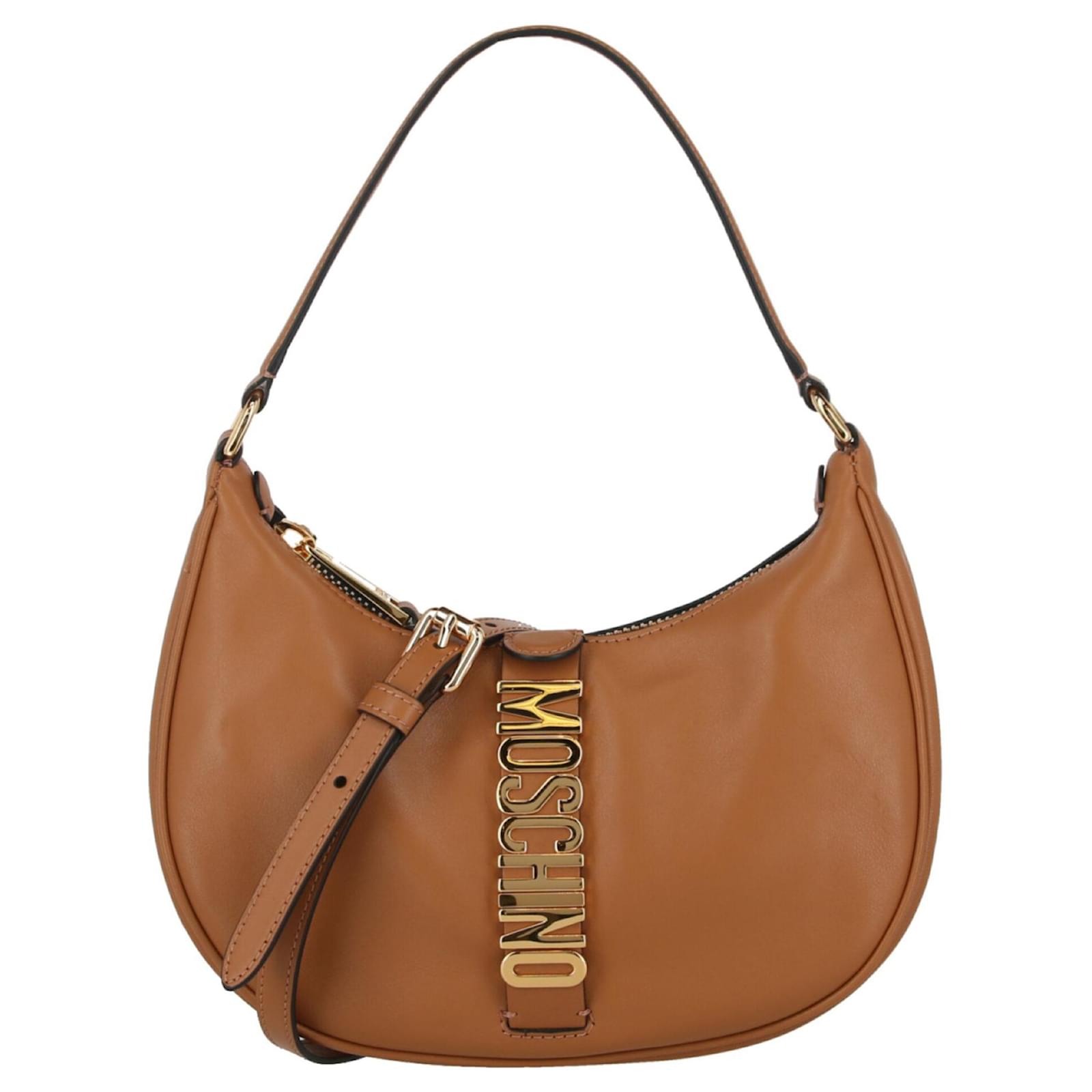 Moschino Logo-Belt Leather Shoulder Bag Brown Pony-style