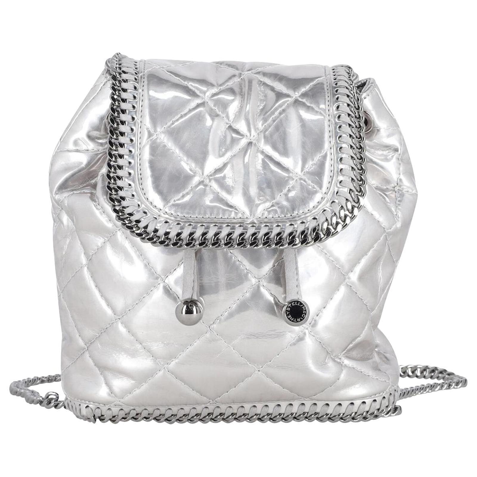 falabella mini backpack silver Stella Mc Cartney Stella McCartney Falabella Mini-Quilted Backpack in Silver  Faux Leather Silvery Metallic Synthetic Leatherette ref.JC869838 (Sold)