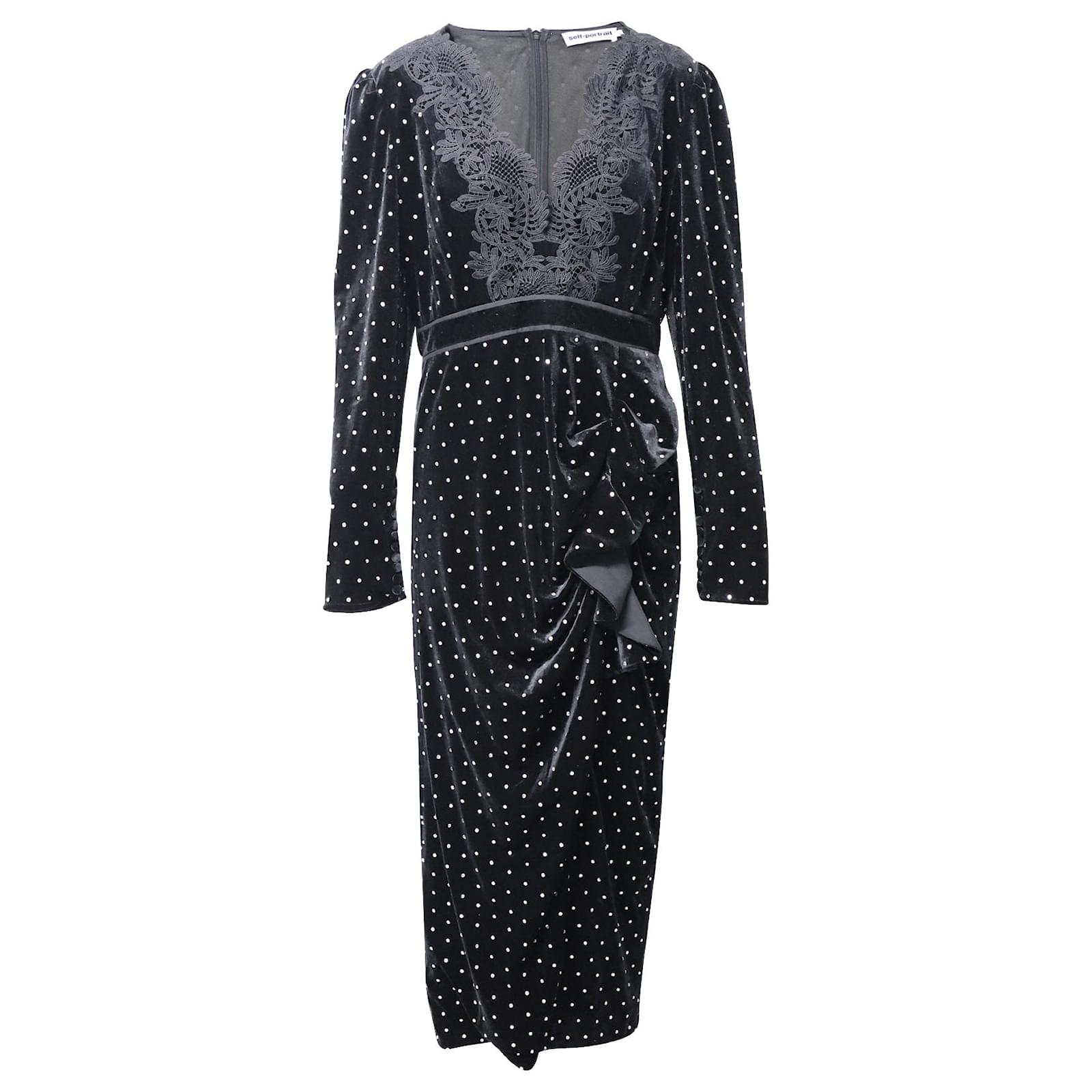 knee length dresses for ladies Black Velvet Embellished Midi Dress – self-portrait-US main image 1