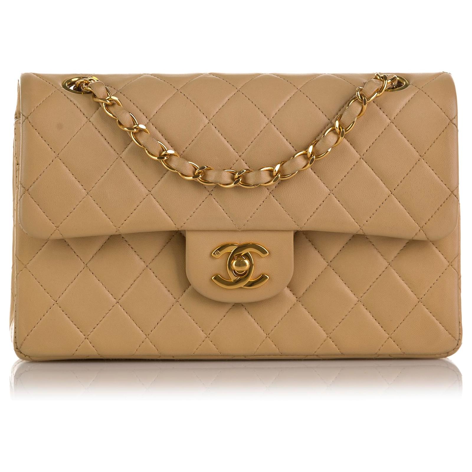 Chanel Brown Small Classic Lambskin Double Flap Beige Leather ref