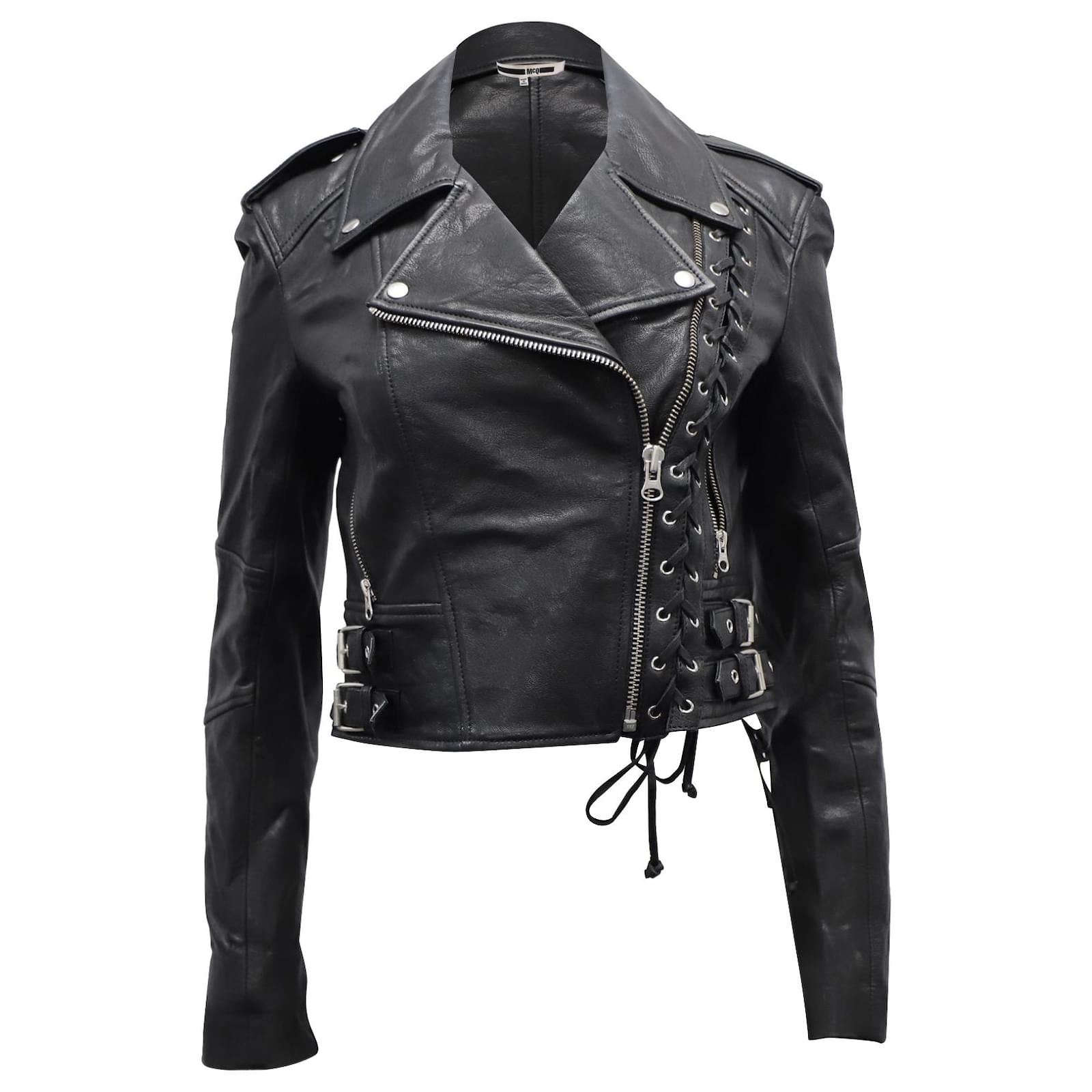 Alexander McQueen McQ Corset Detail Biker Jacket in Black Leather