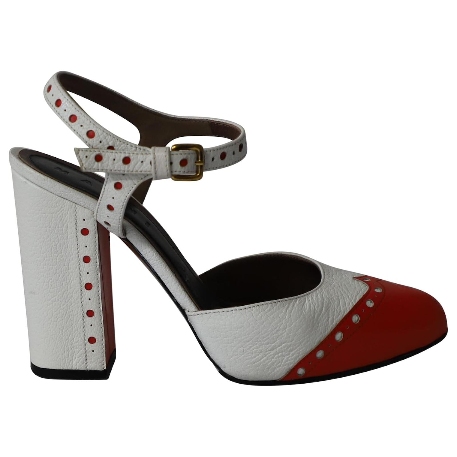 Marni Mary Jane Vintage Ankle Strap Pumps in White and Red Leather Multiple  colors ref.871284 - Joli Closet