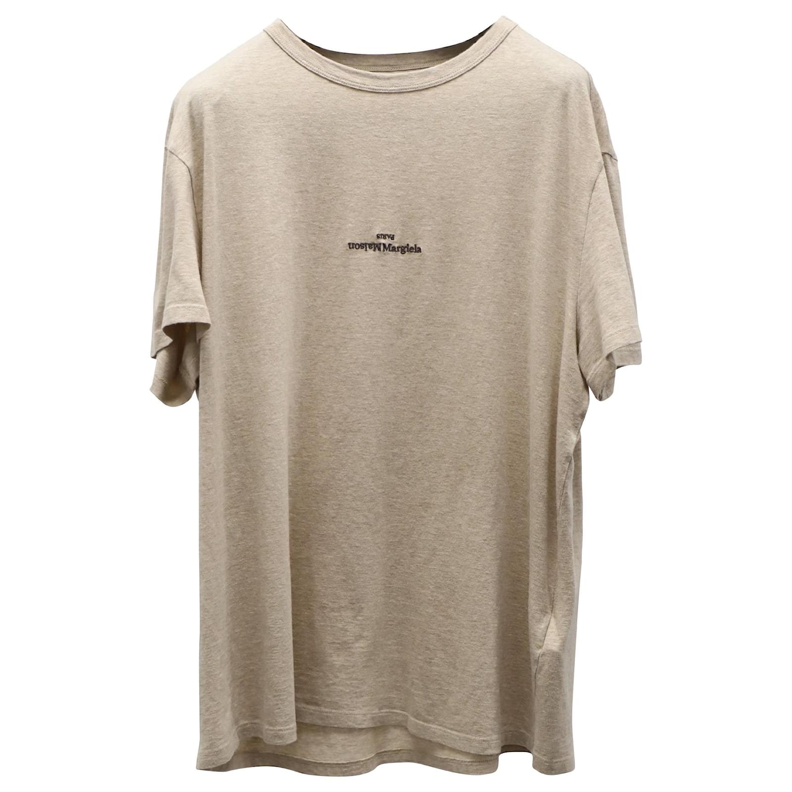 Maison Margiela Embroidered Reverse Logo T-shirt in Beige Cotton