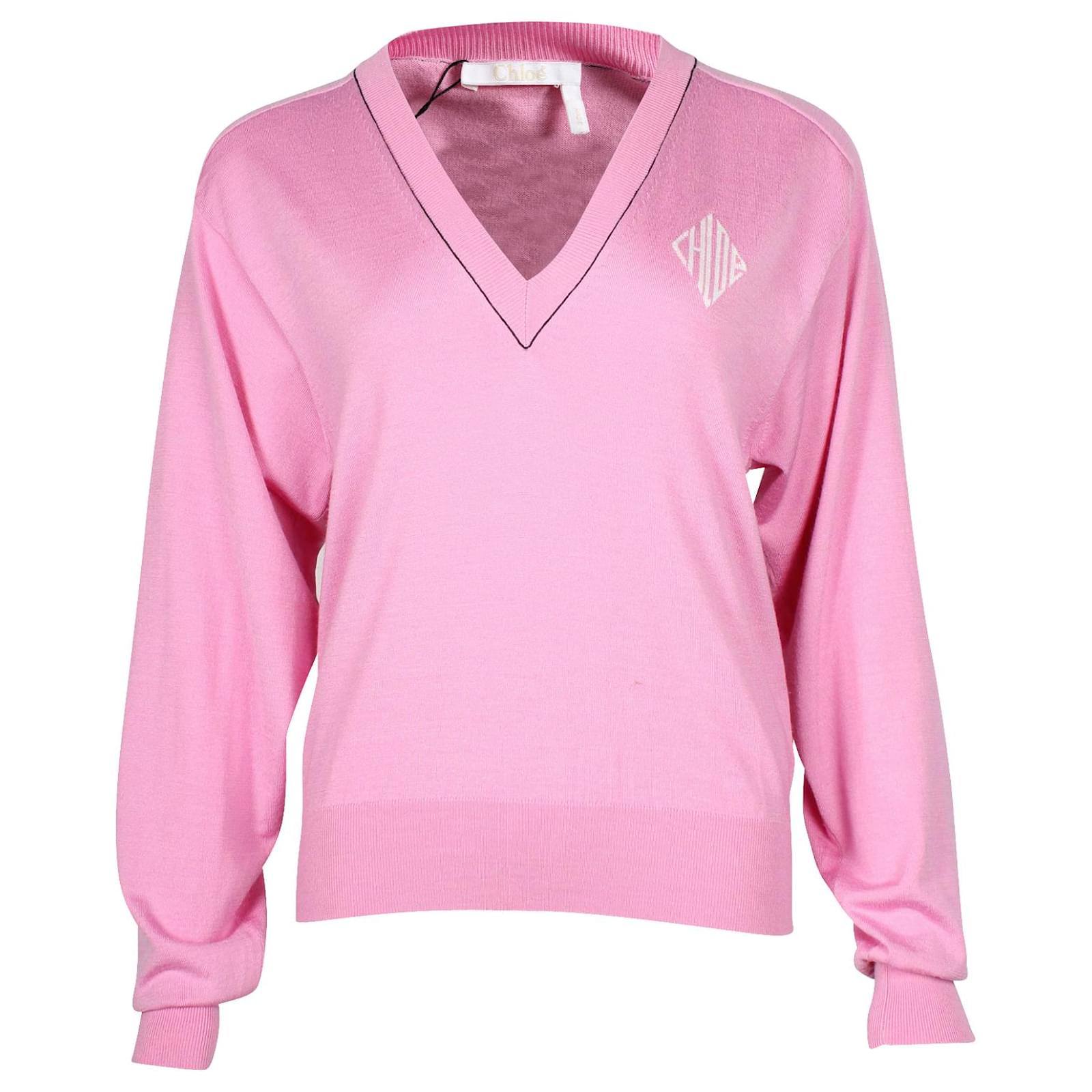 Chloé Chloe Diamond Logo V-Neck Sweater in Dahlia Pink Cotton ref.872604 -  Joli Closet