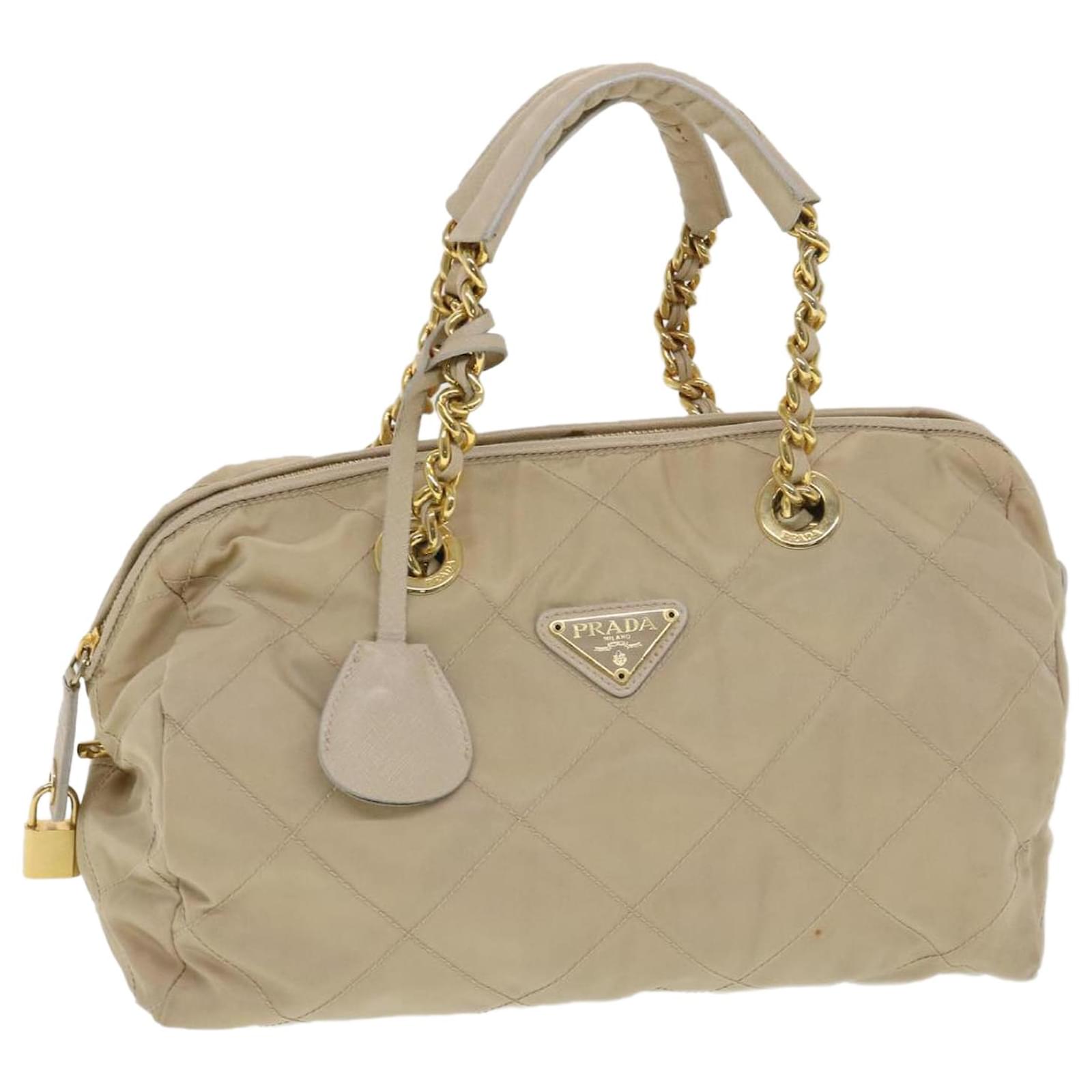 Authentic Prada Beige Leather Clutch With Optional Gold Chain