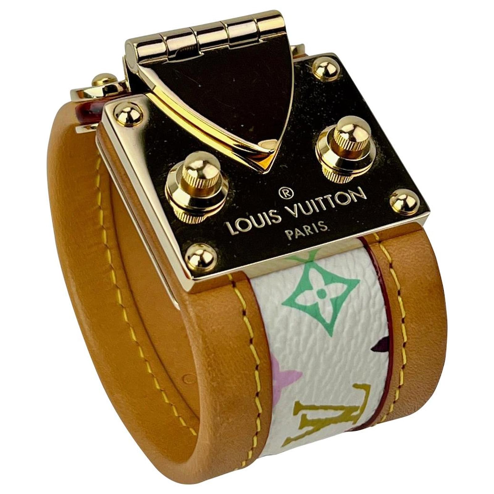 Louis Vuitton Bracelet Monogram Leather Padlock Gold Hardware LV