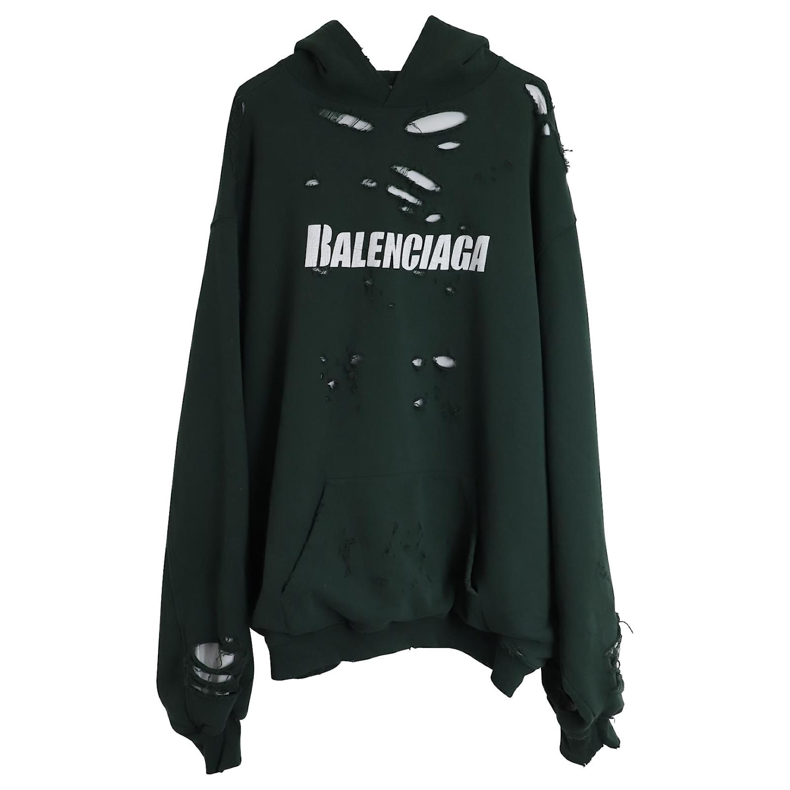 Balenciaga Oversized Distressed Logo-Print Jersey Hoodie in Green