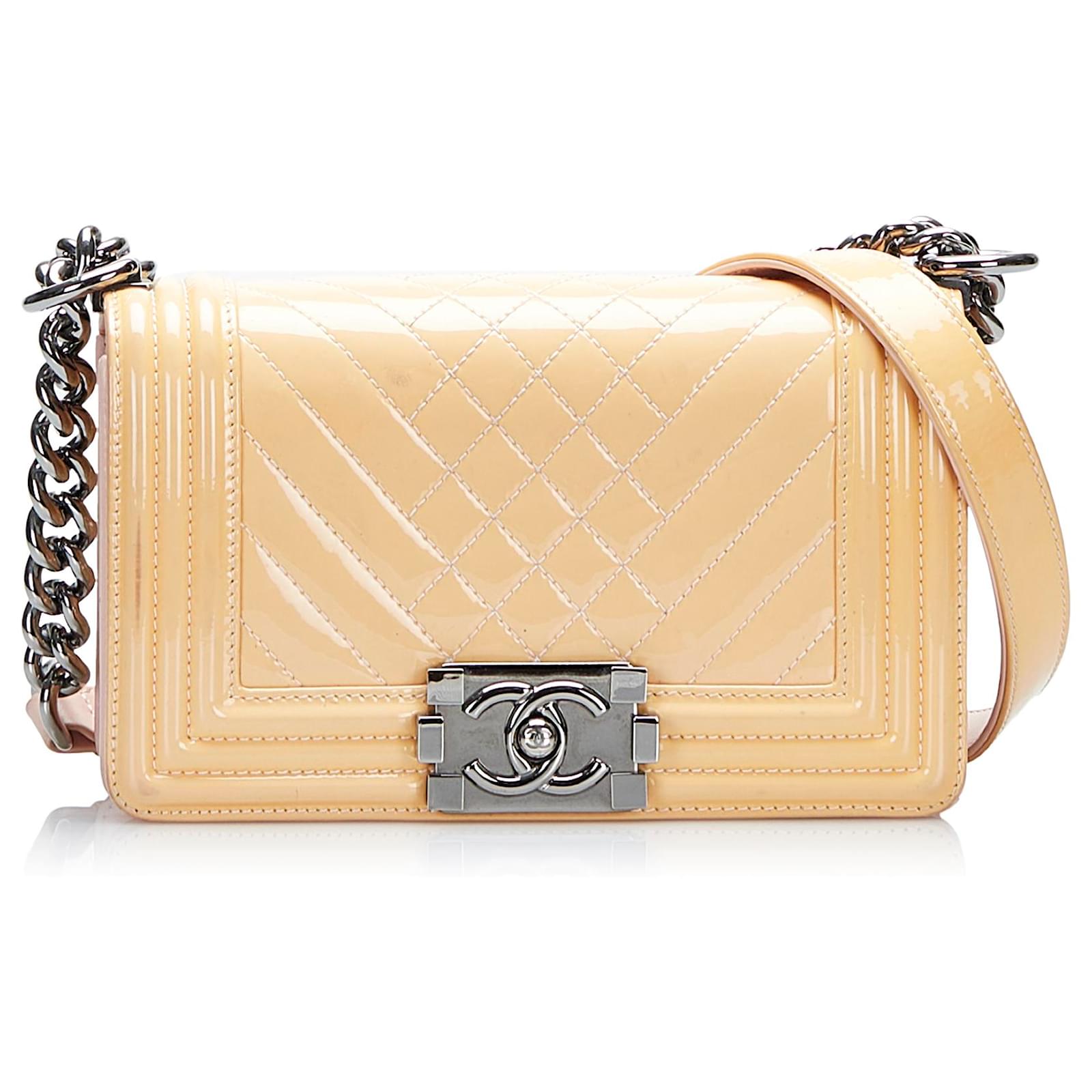 Chanel Beige Quilted Patent Leather New Medium Boy Bag