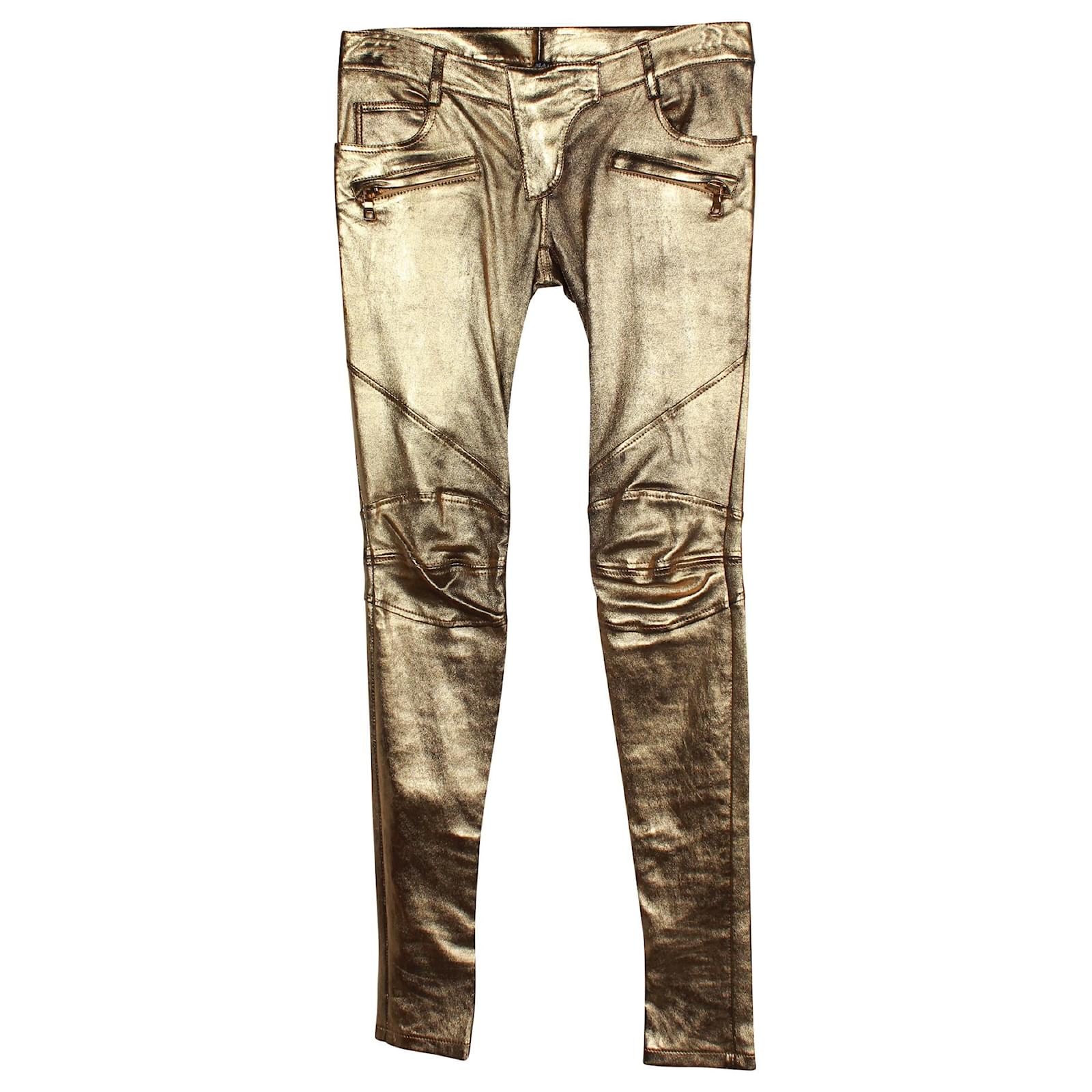 Balmain Skinny Pants in Gold Lambskin Leather Golden Metallic ref.878923 -  Joli Closet