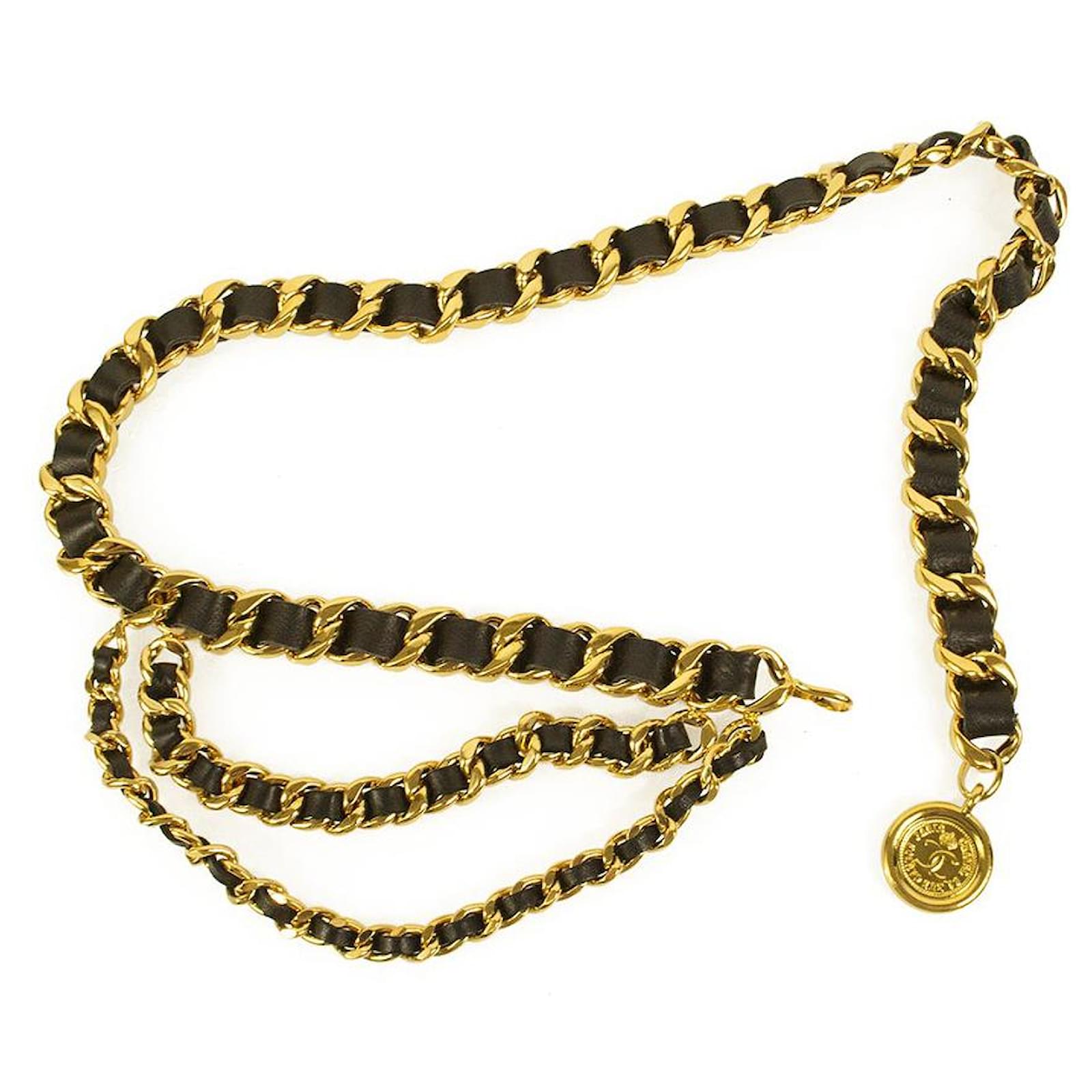 Vintage Chanel Leather Chain Link Gold Logo Charm Belt