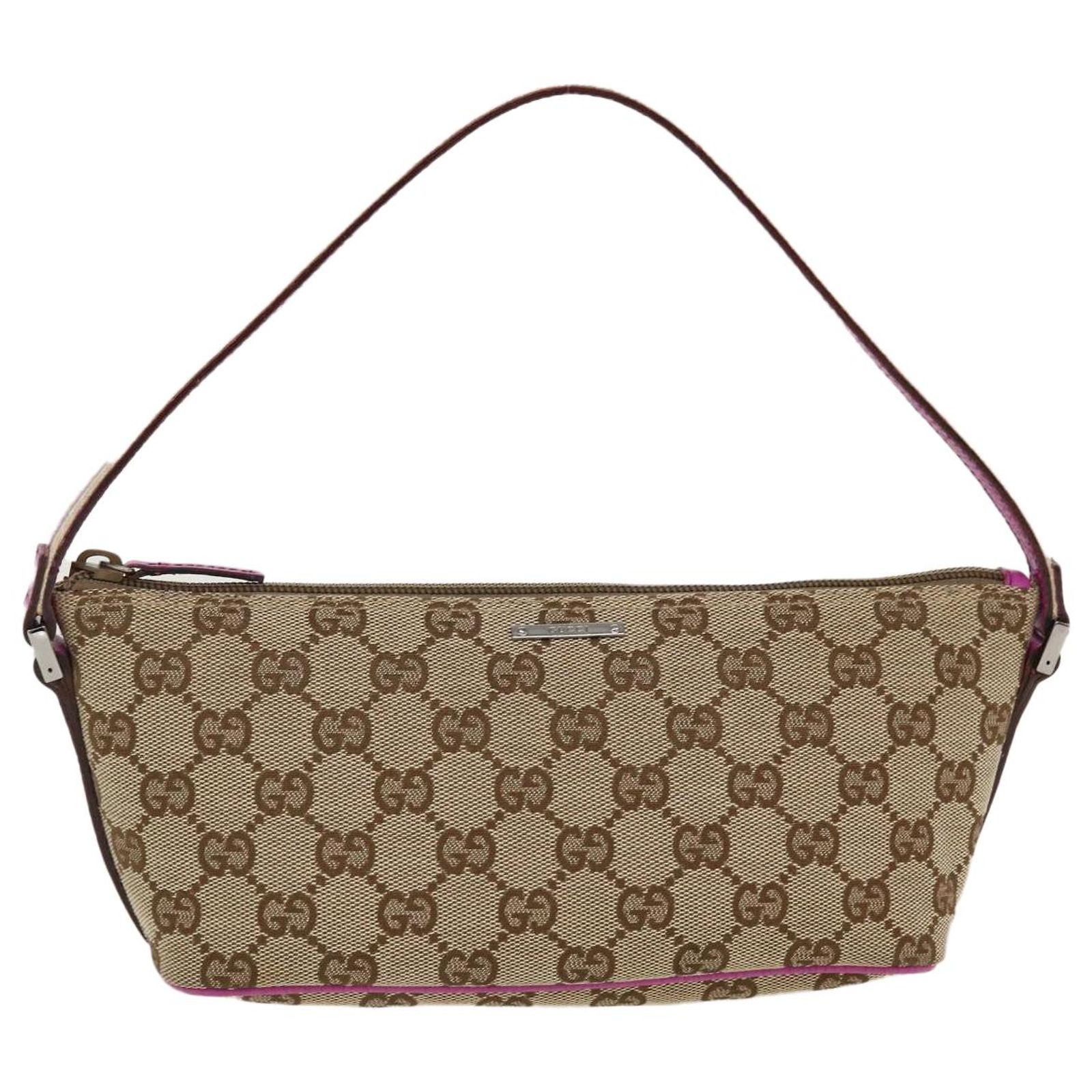 GUCCI GG Canvas Sherry Line Accessory Pouch Beige Pink 141809 Auth 