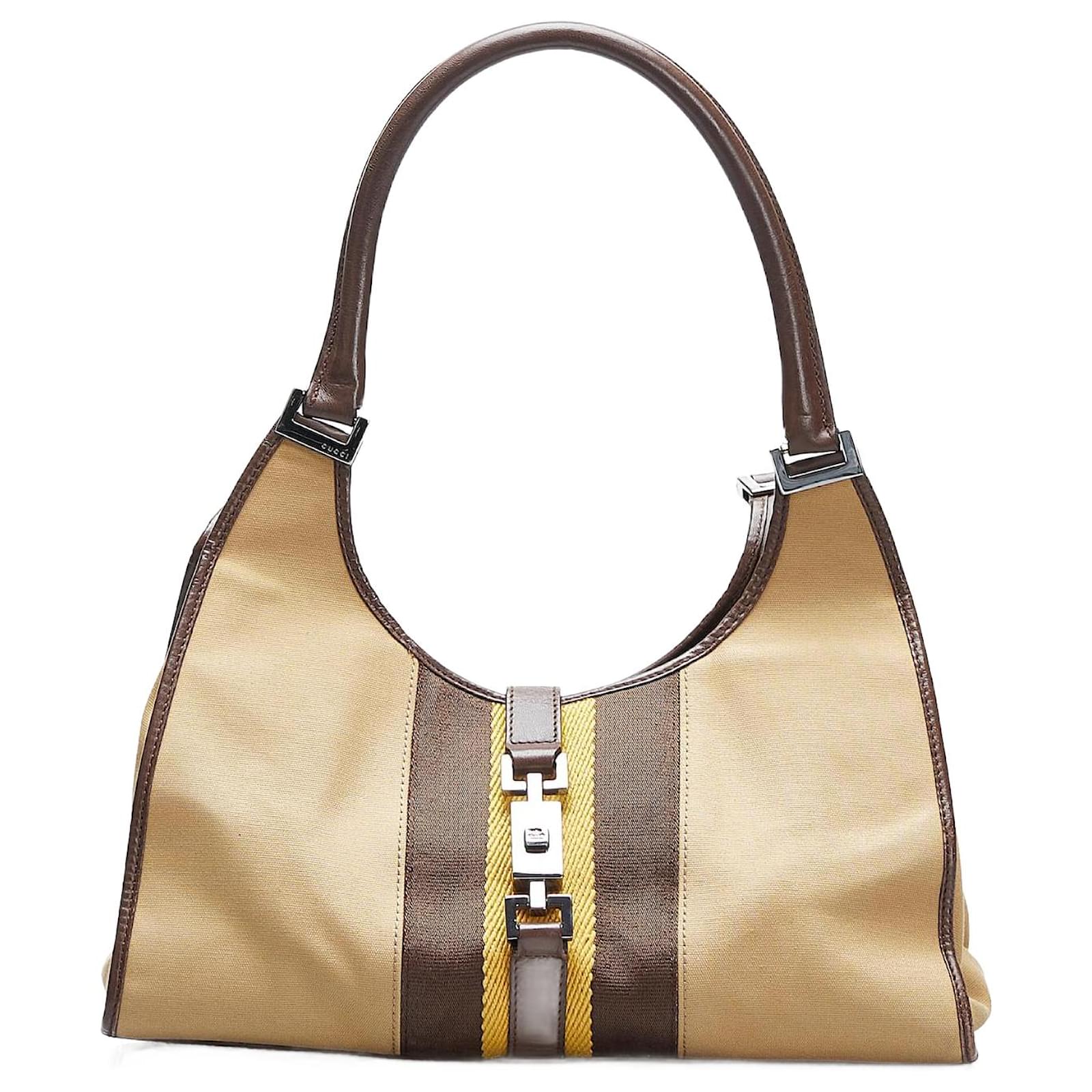 Gucci Brown Web Jackie Bardot Beige Pony-style calfskin Cloth ref