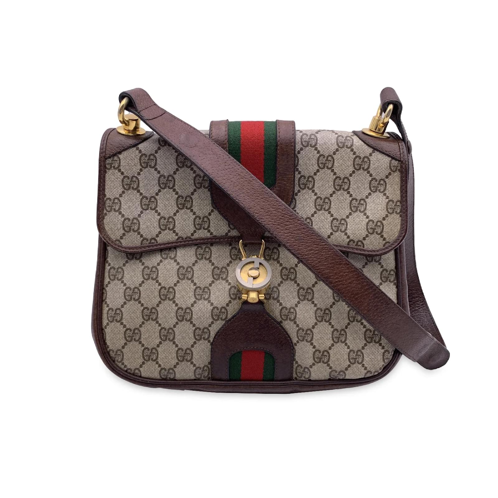 Autêntica bolsa de ombro GUCCI 114915 bege lona couro marrom