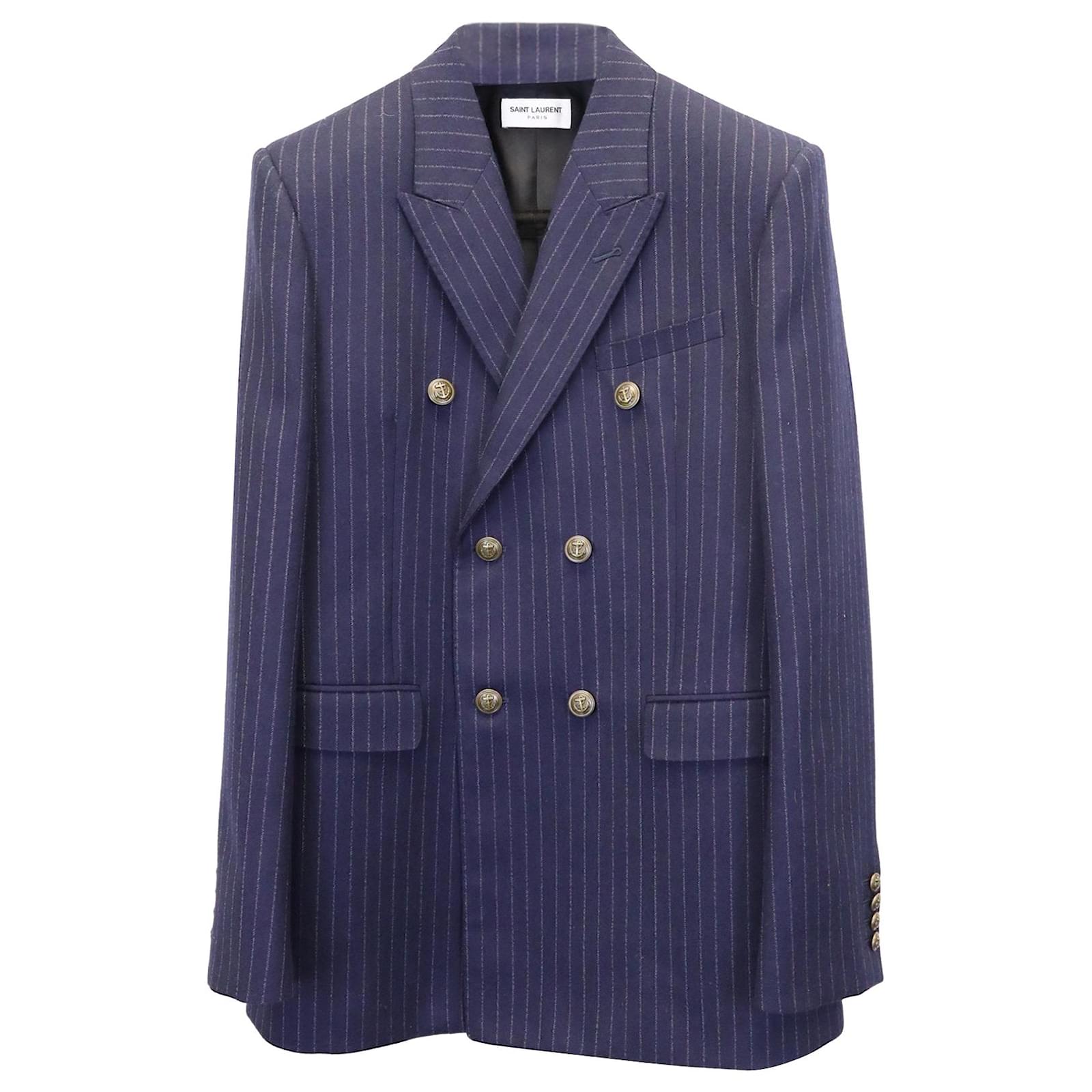 Saint Laurent Double Breasted Striped Jacket in Navy Blue Wool ref