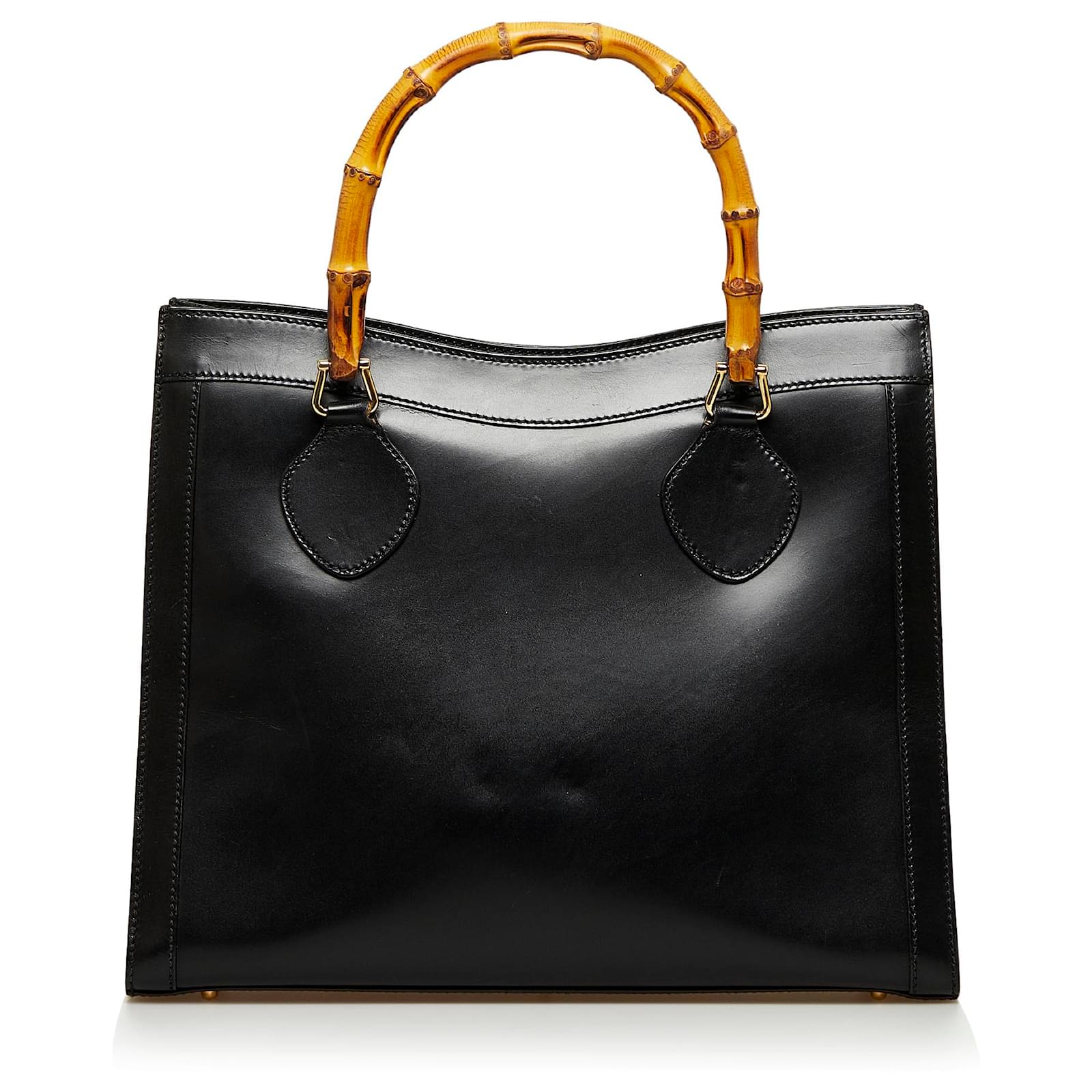 Gucci Vintage Black Leather Bamboo Princess Diana Tote Bag ref