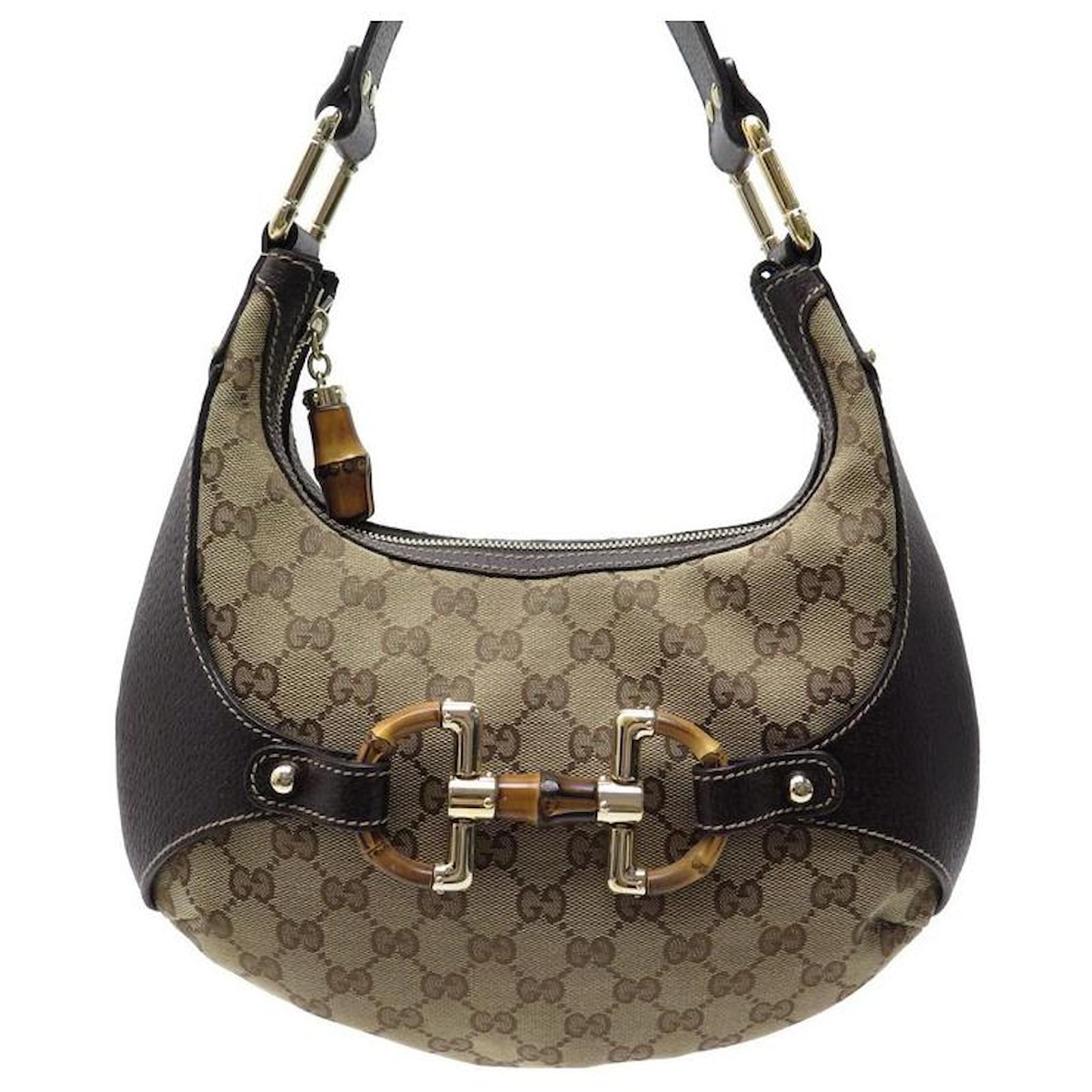 Gucci Monog Horsebit Hobo Shoulder Handbag Brown Canvas XL Gold