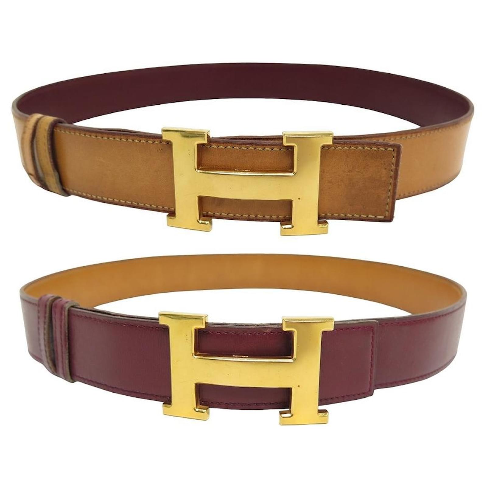 Hermès VINTAGE CEINTURE HERMES T74 CUIR BOX BORDEAUX GOLD REVERSIBLE