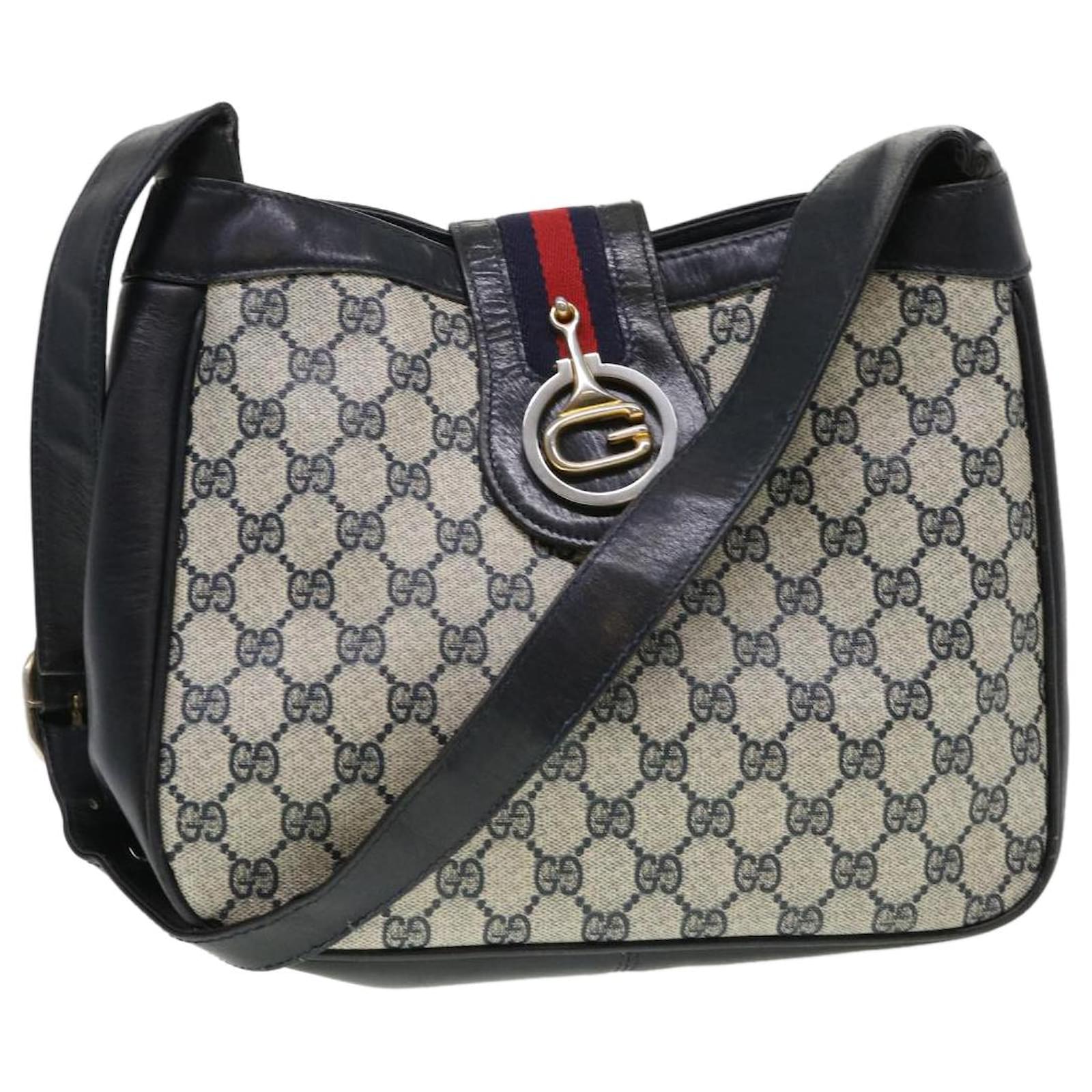 GUCCI GG Canvas Sherry Line Shoulder Bag PVC Leather Gray Red Navy
