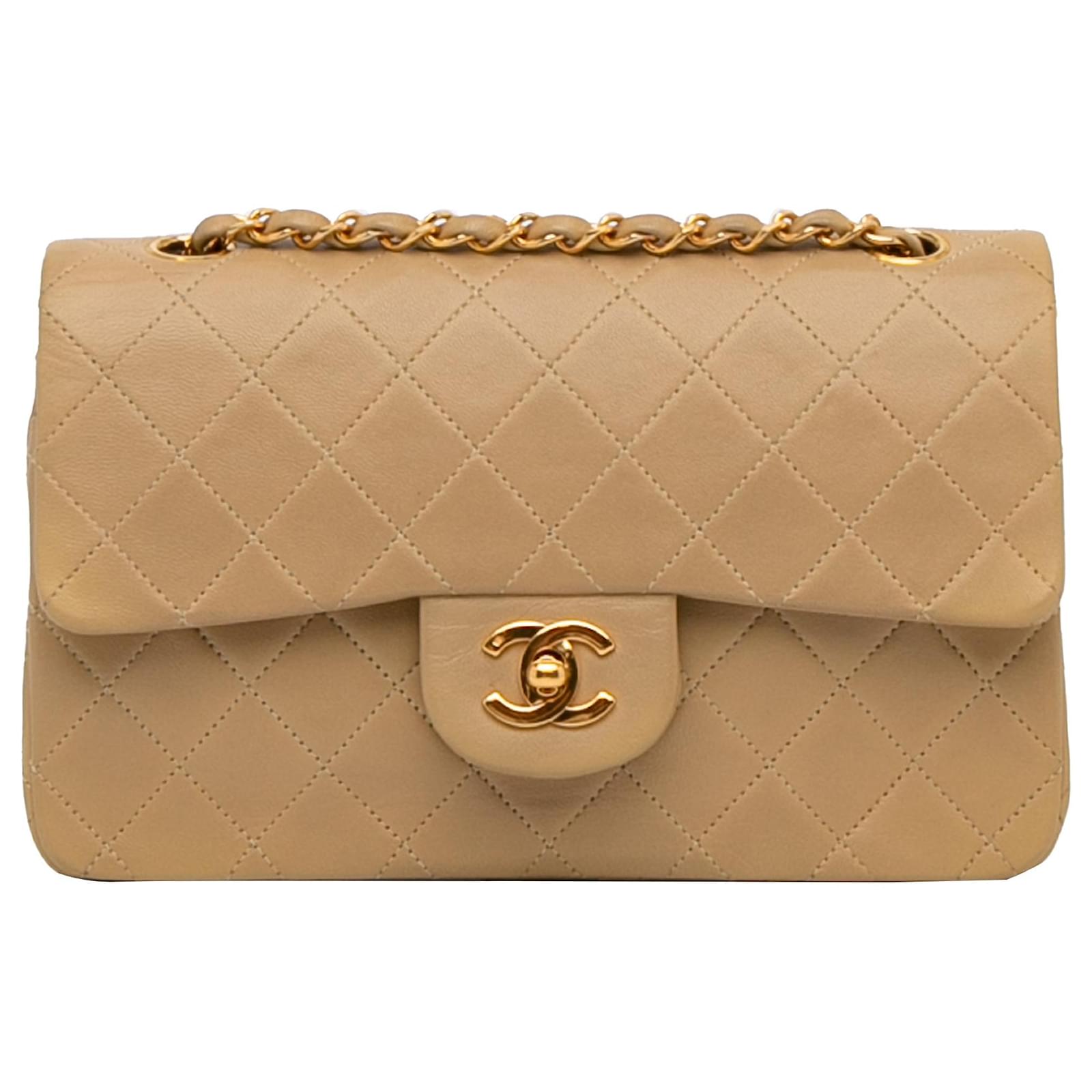 Chanel Brown Small Classic Lambskin Double Flap Beige Leather ref.889847 -  Joli Closet