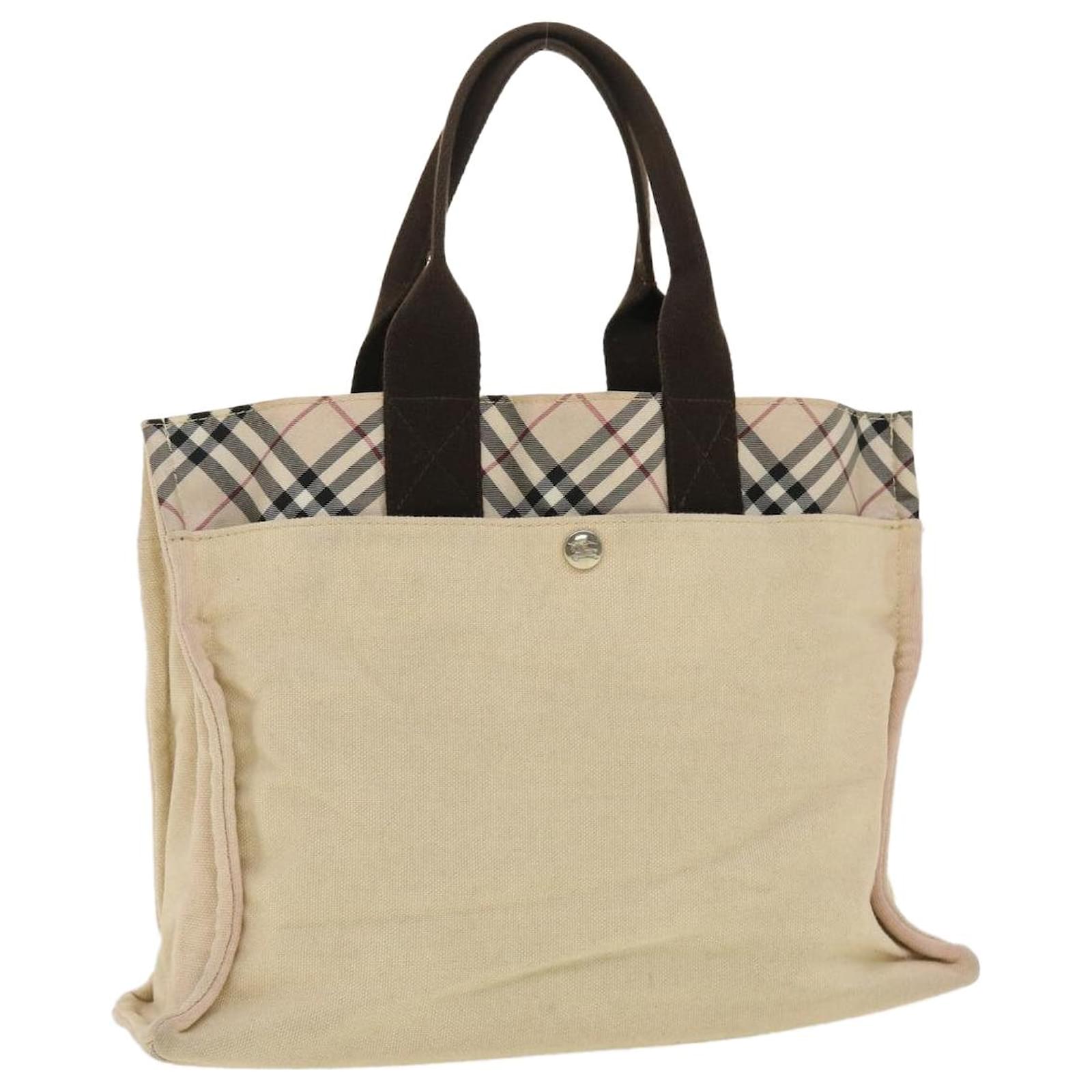 BURBERRY Nova Check Blue Label Tote Bag Canvas Beige Auth